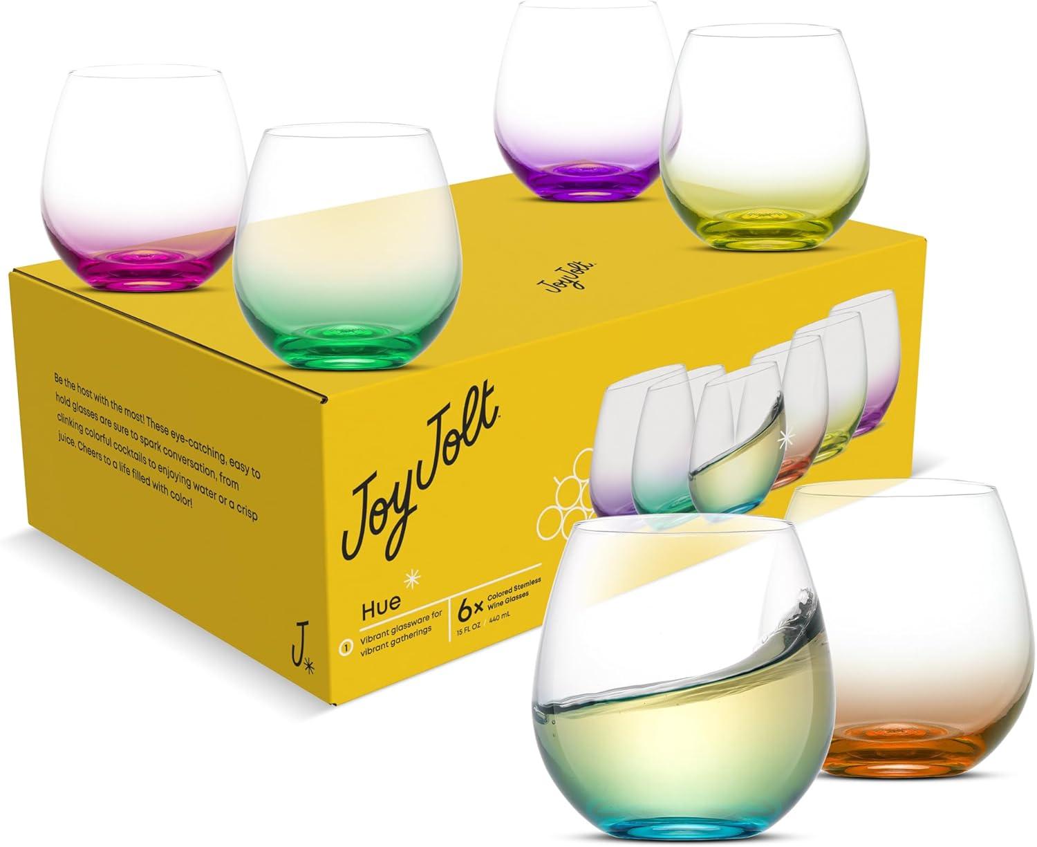 JoyJolt Hue Colored Stemless Wine Glass-Set of 6 Colorful Red or White Wine Drinking Glasses- 15 oz