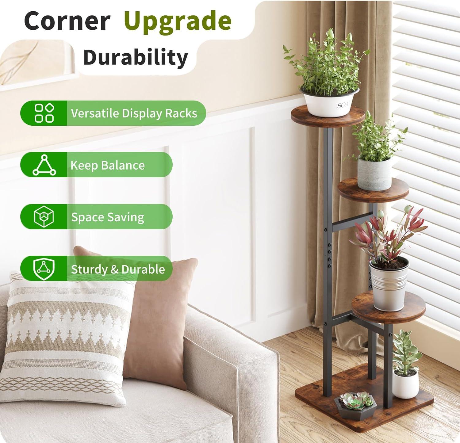 Brown 3-Tier Iron and MDF Corner Plant Stand