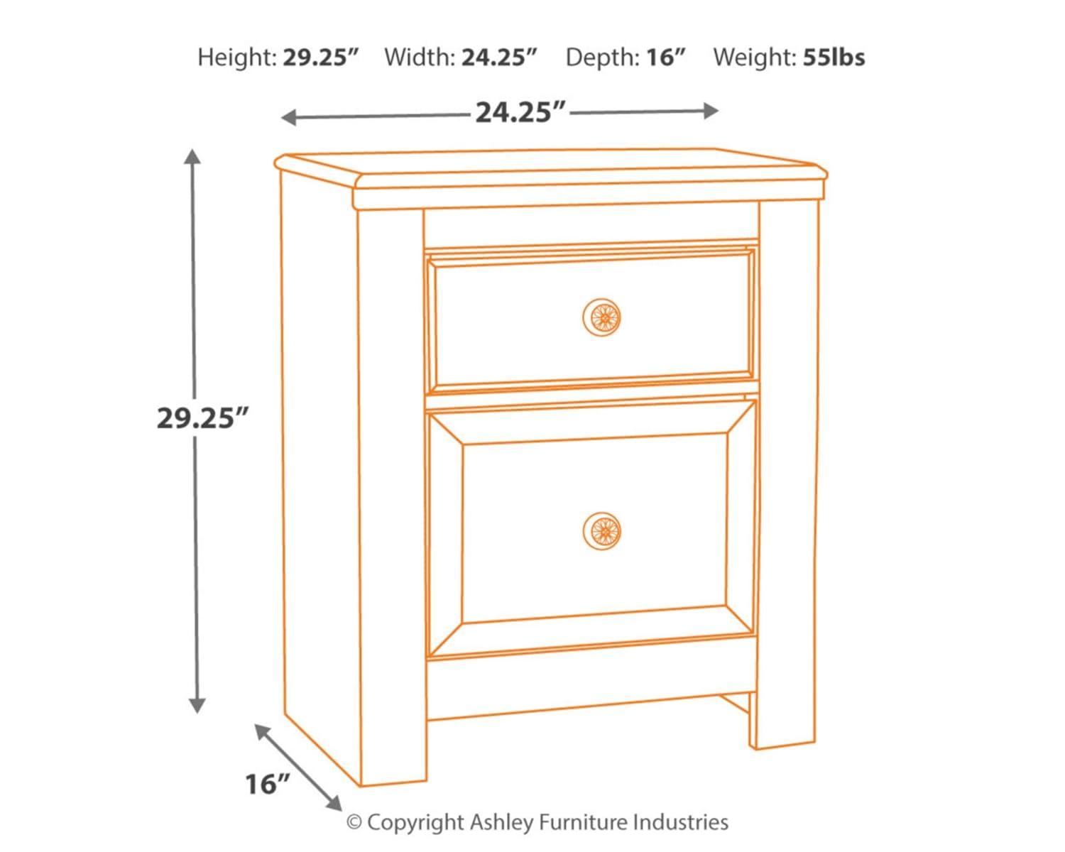 Paxberry Two Drawer Nightstand White Wash - Signature Design by Ashley: Traditional Style, USB Port, Storage Function