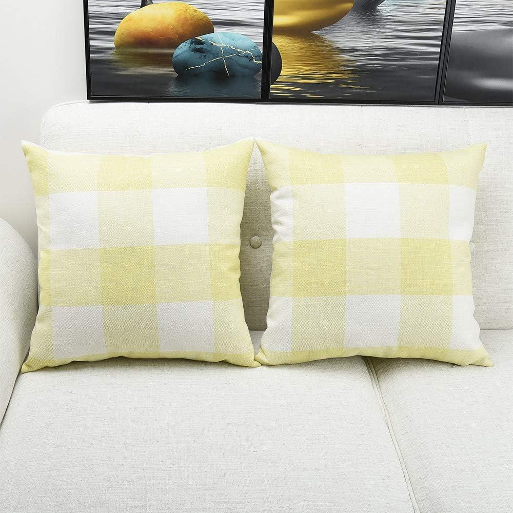 Spring Yellow and White Throw Pillows Cover 18 x 18 Inch Set of 2 Summer Buffalo Plaid Pillow Covers Farmhouse Checkered Decorative Pillowcases for Home Couch Sofa Decorations