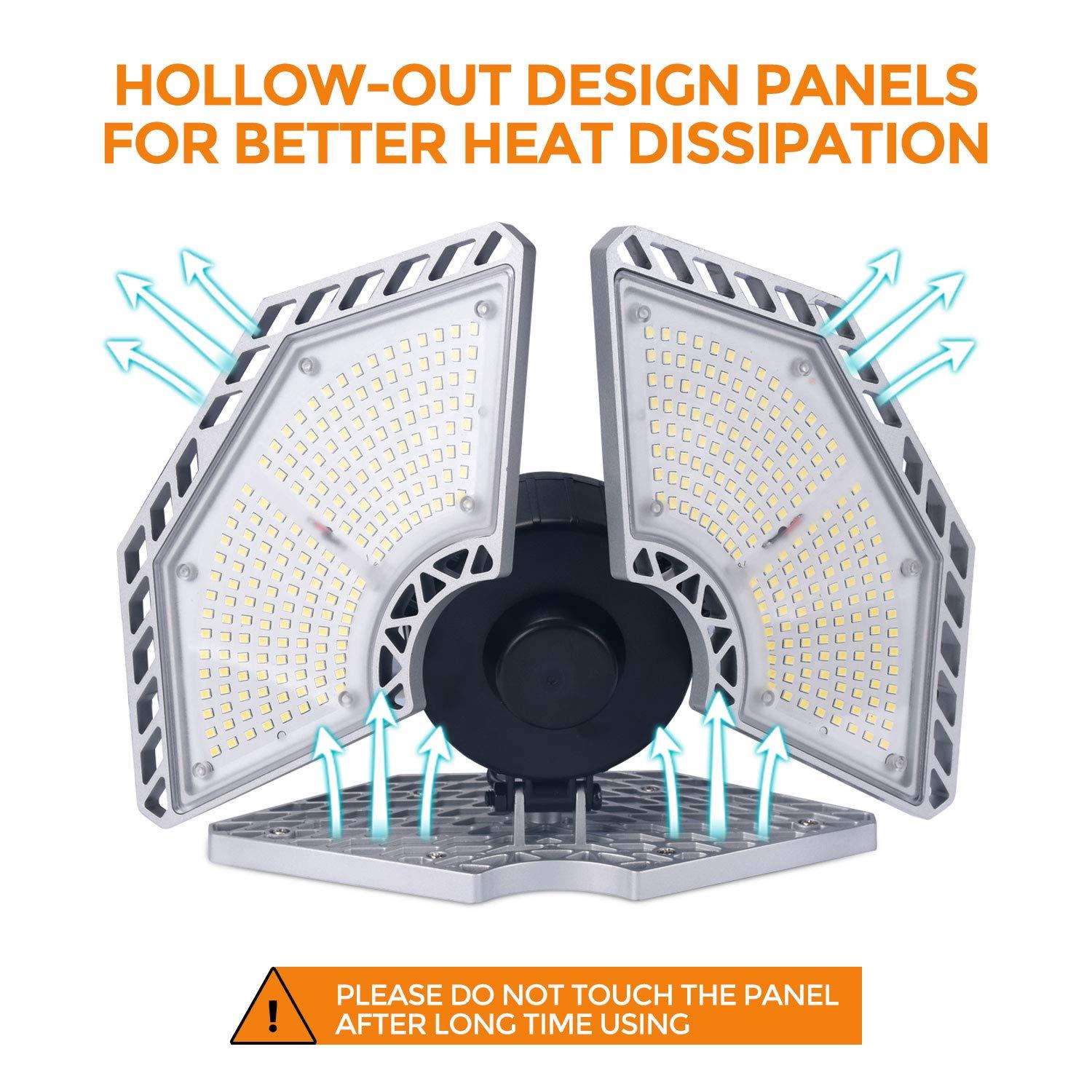 KERNOWO LED Garage Lights, 140W 18500 Lumens Garage Lighting, 6000K Daylight with Deformable Three Panel Ceiling Light Fixture E26/E27 Triple Glow LED Shop Light for Basement Workshop Warehouse