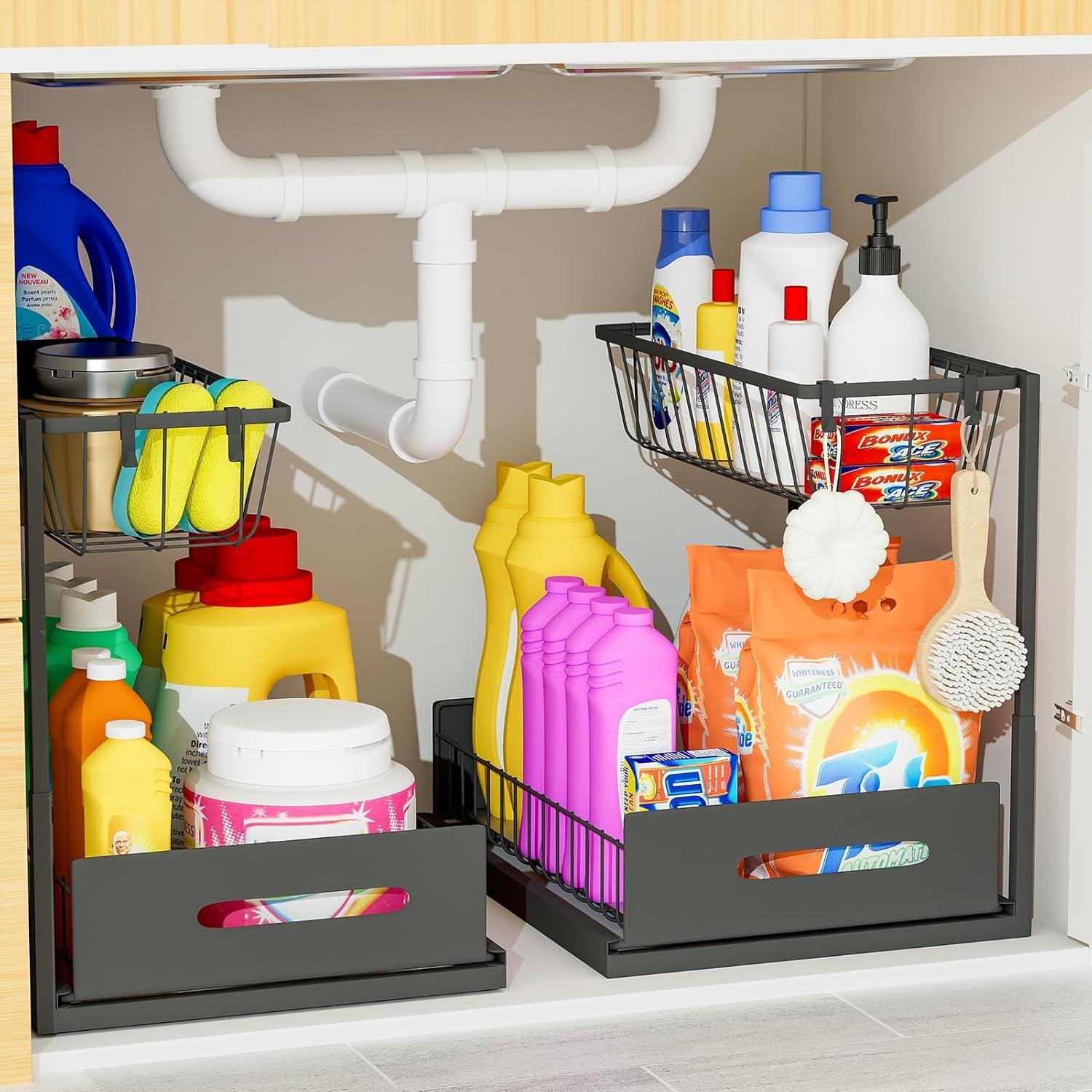 Rebrilliant Under Sink Organizer, 2 Tier Under Sink Organizers And Storage, Metal Slide Out Pull Out Cabinet Organizer ,2 Pack Sliding Drawer Organizer For Kitchen Bathroom Pantry