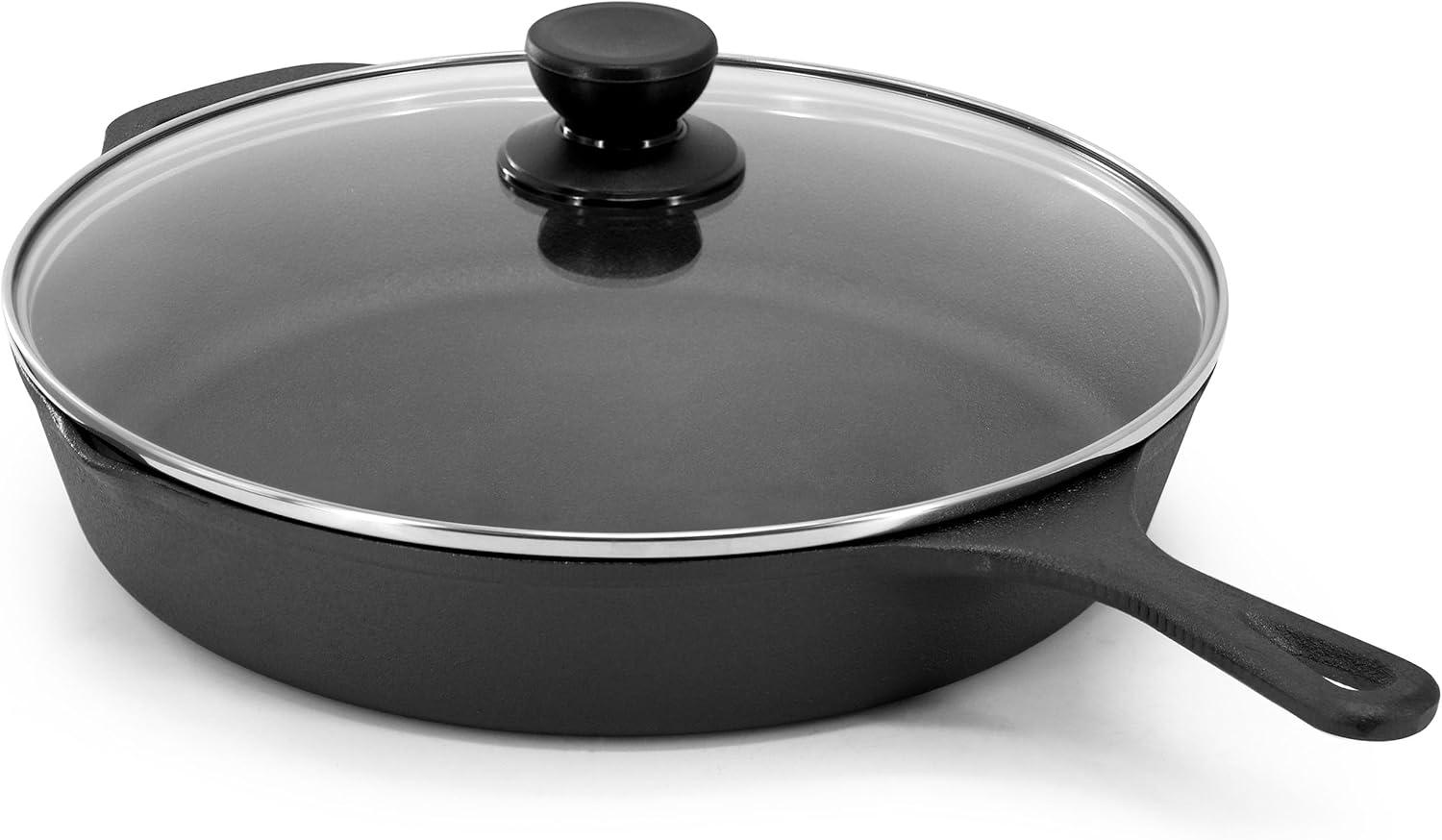 MegaChef 12 Inch Pre-Seasoned Cast Iron Skillet with Tempered Glass Lid