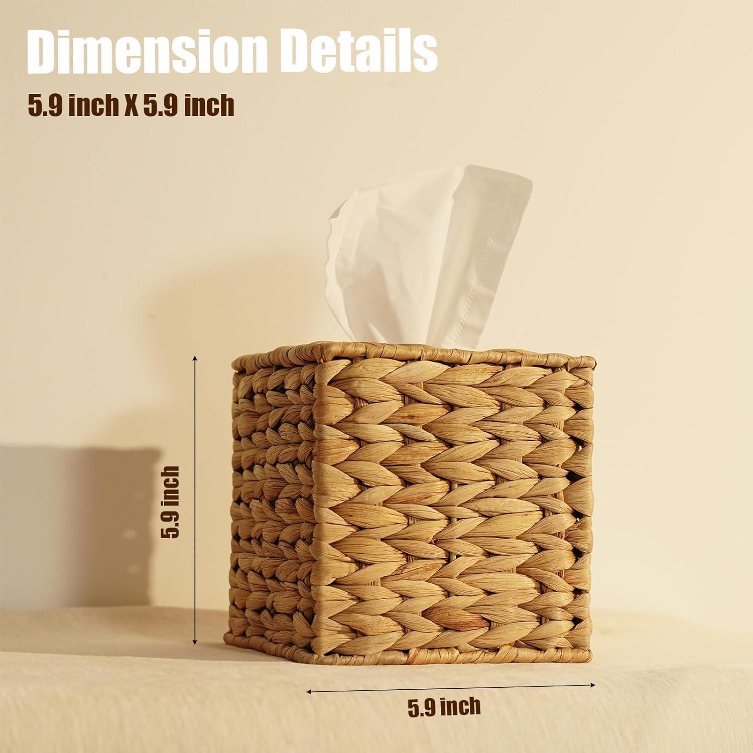 PINXIURY Water Hyacinth Handwoven Tissue Box Cover, Natural Handmade Wicker Napkin Box Holder, Handcrafted Square Facial Tissue, Rustic Decorative on Table and Bathroom, Office, Boho Decorative