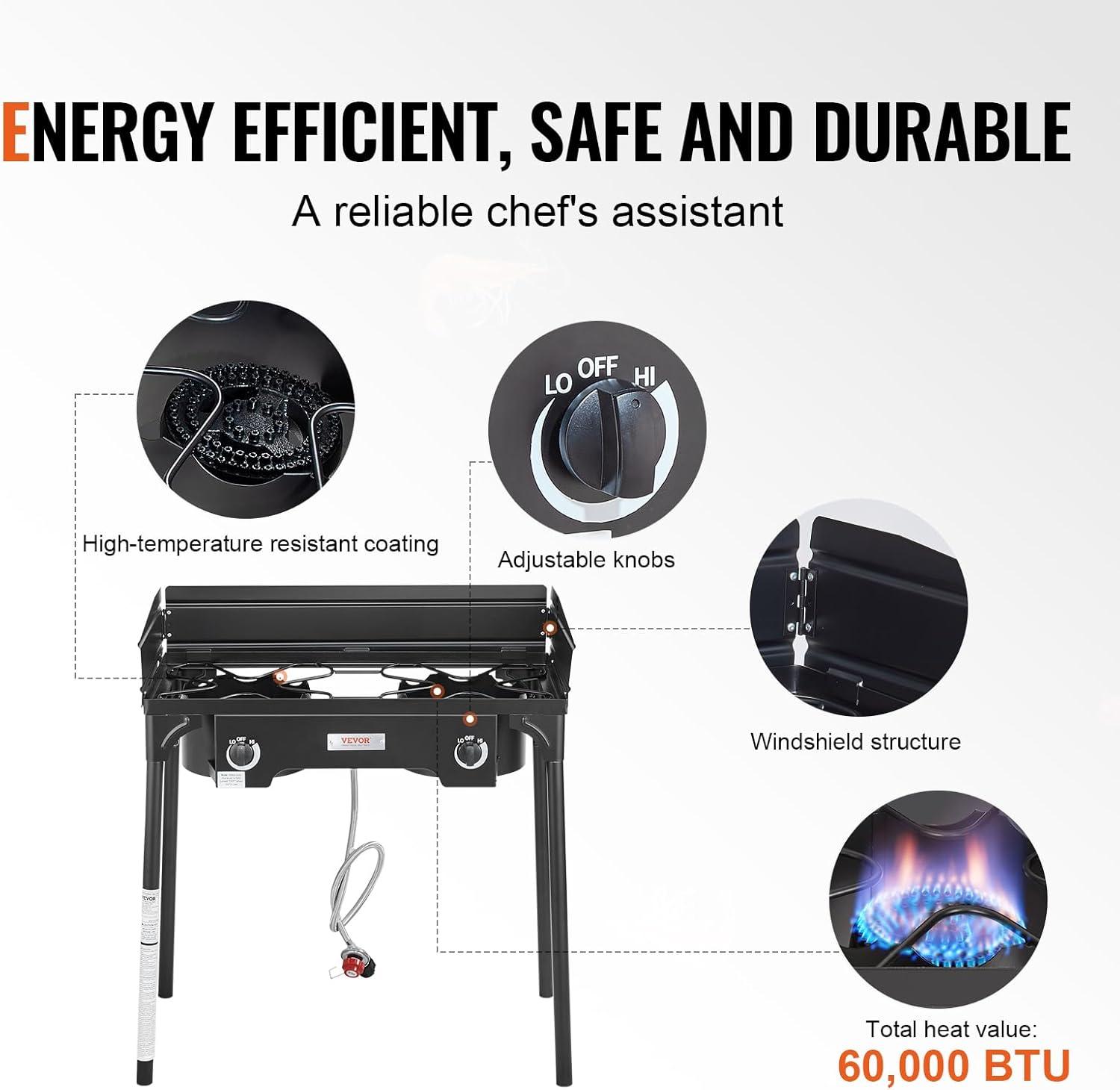 Black Heavy Duty 2-Burner Outdoor Gas Stove with Windscreen