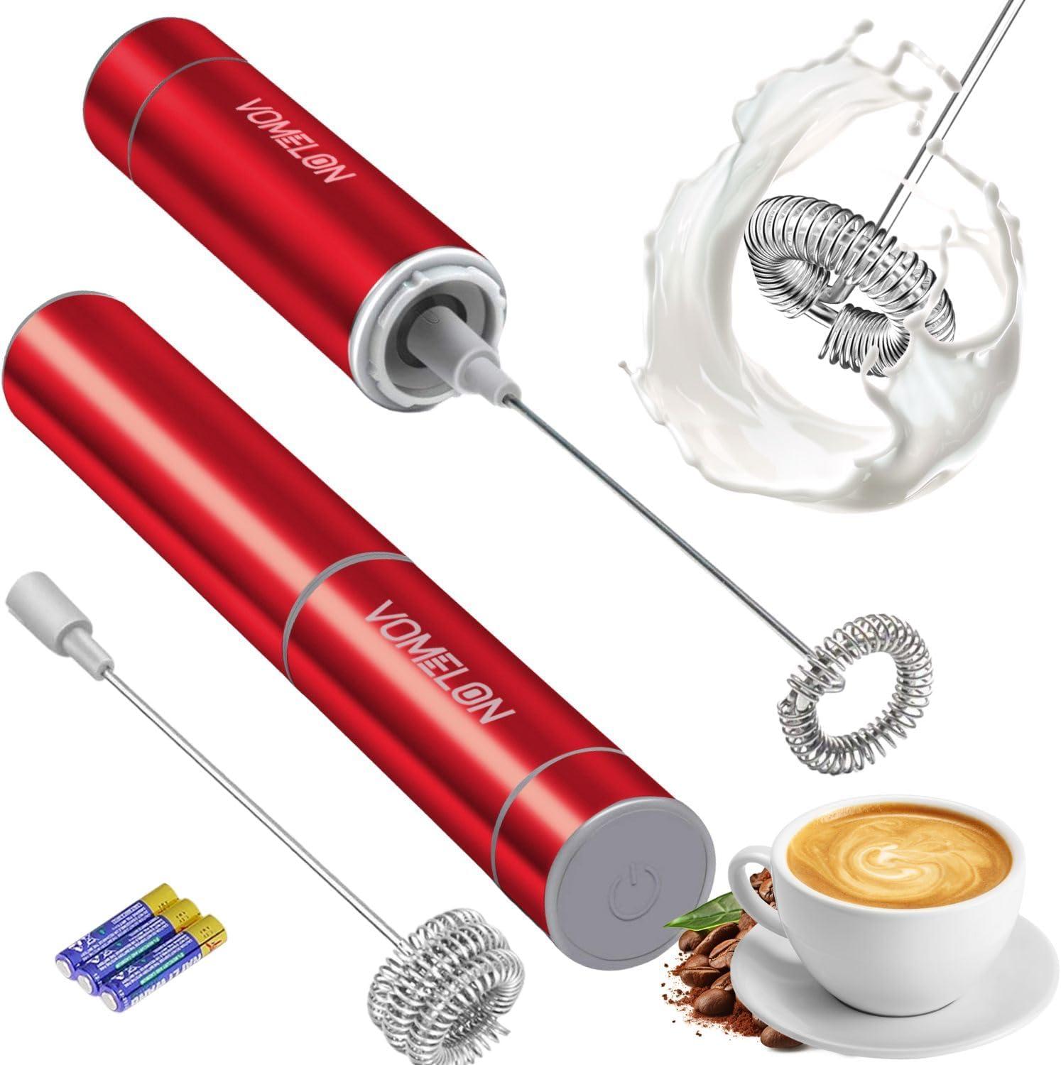 Milk Frother Handheld, Battery Operated Coffee Foamer Drink Mixer with 2 Stainless Steel Electric Whisks for Coffee, Latte, Cappuccino, Hot Chocolate, Protein， Batteries Included, Ruby Red