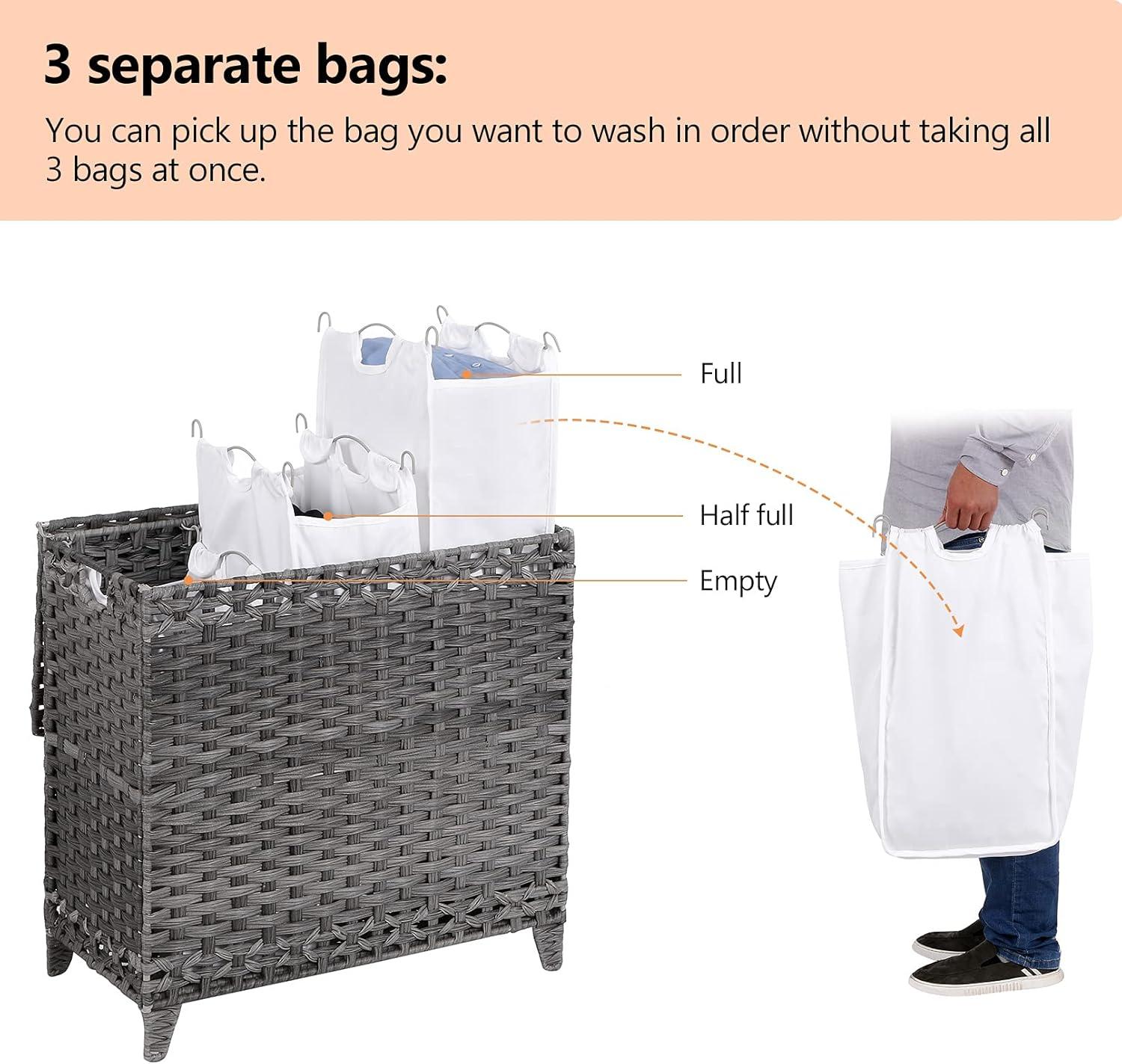 Gray Wicker Laundry Hamper with Removable Liner Bags