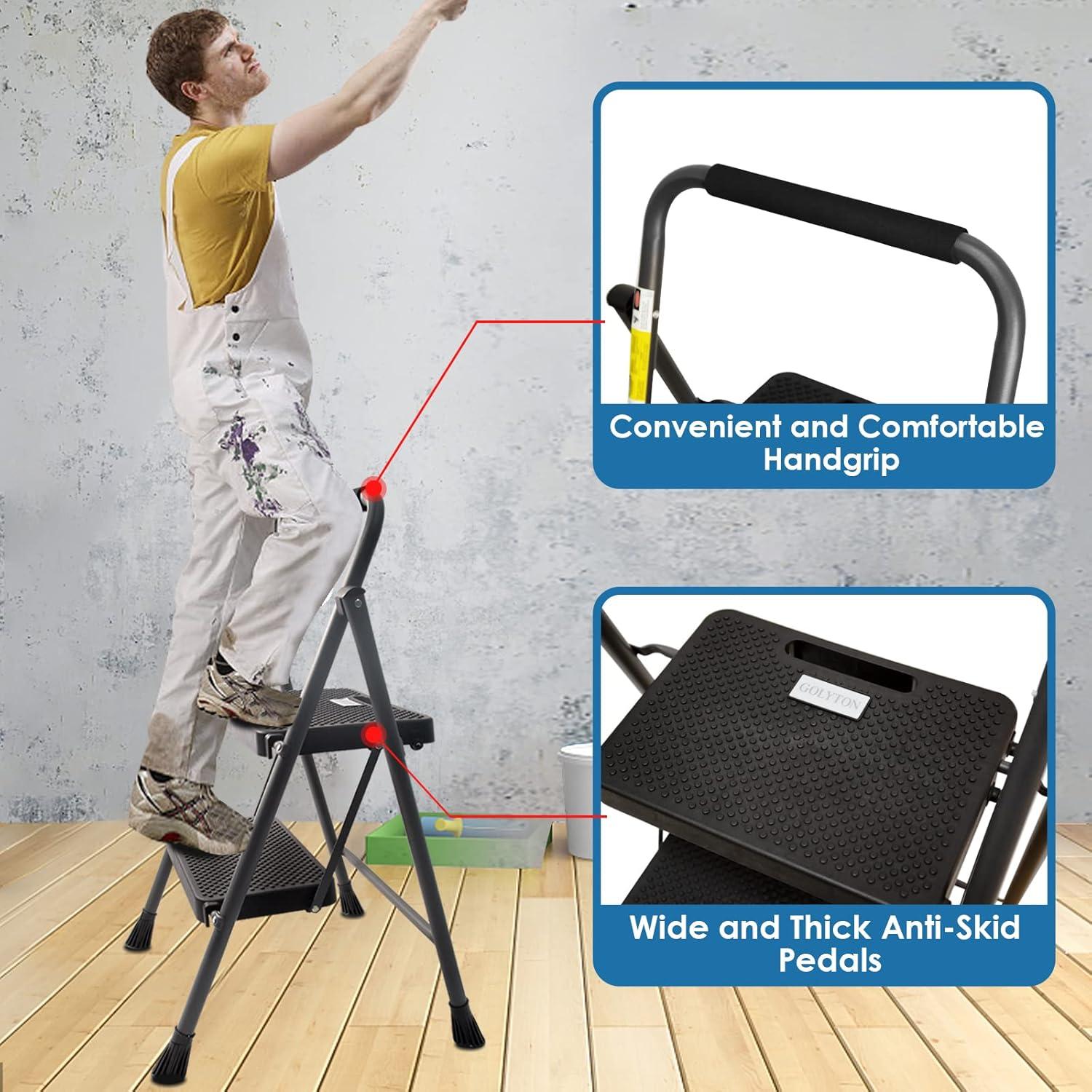 Gray Foldable Steel 2-Step Ladder with Anti-Slip Pedal