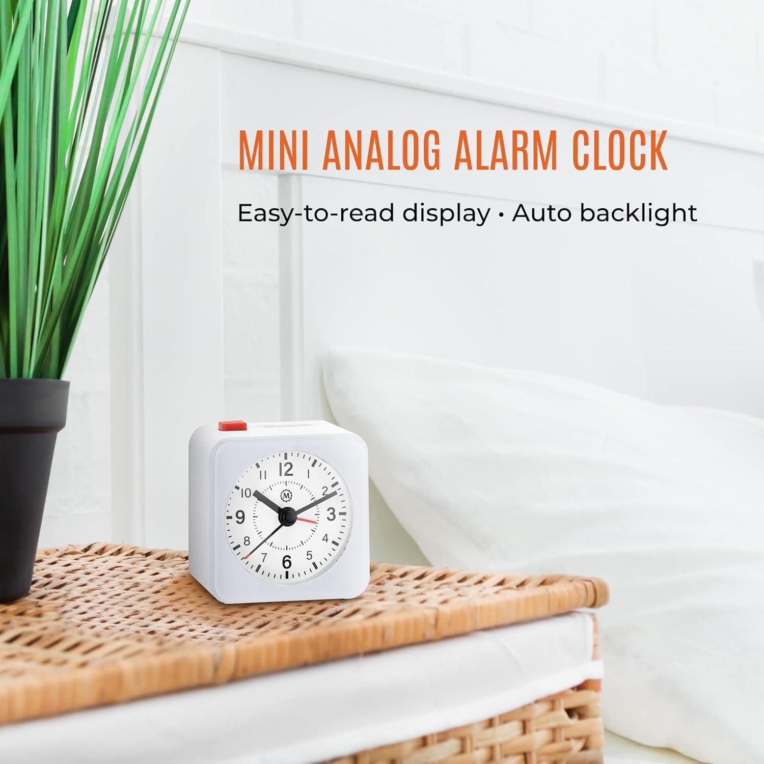 Compact White Analog Alarm Clock with Auto Backlight