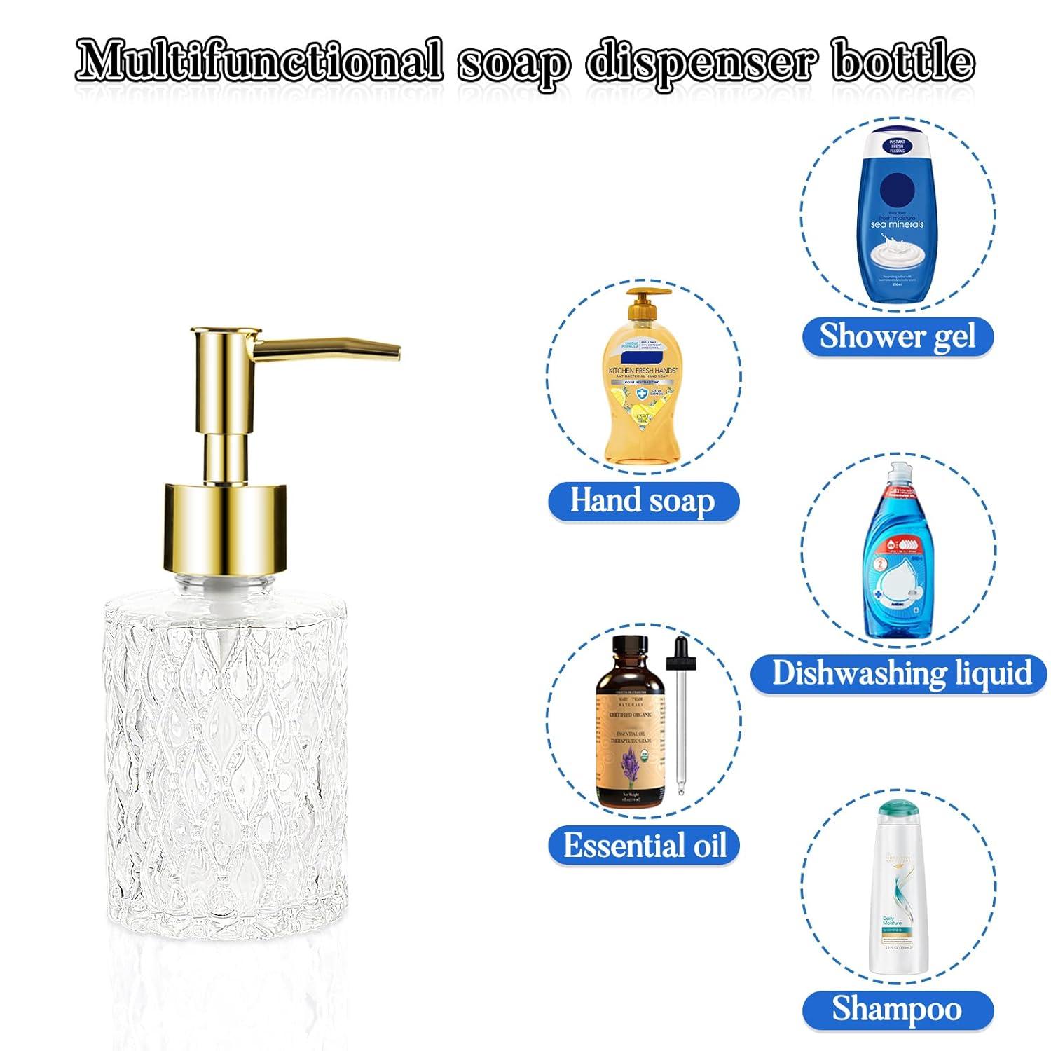 Multipurpose Soap Dispenser Easy to Clean Glass Soap Pump Dispenser Ideal for Bath and Bathroom (Gold)