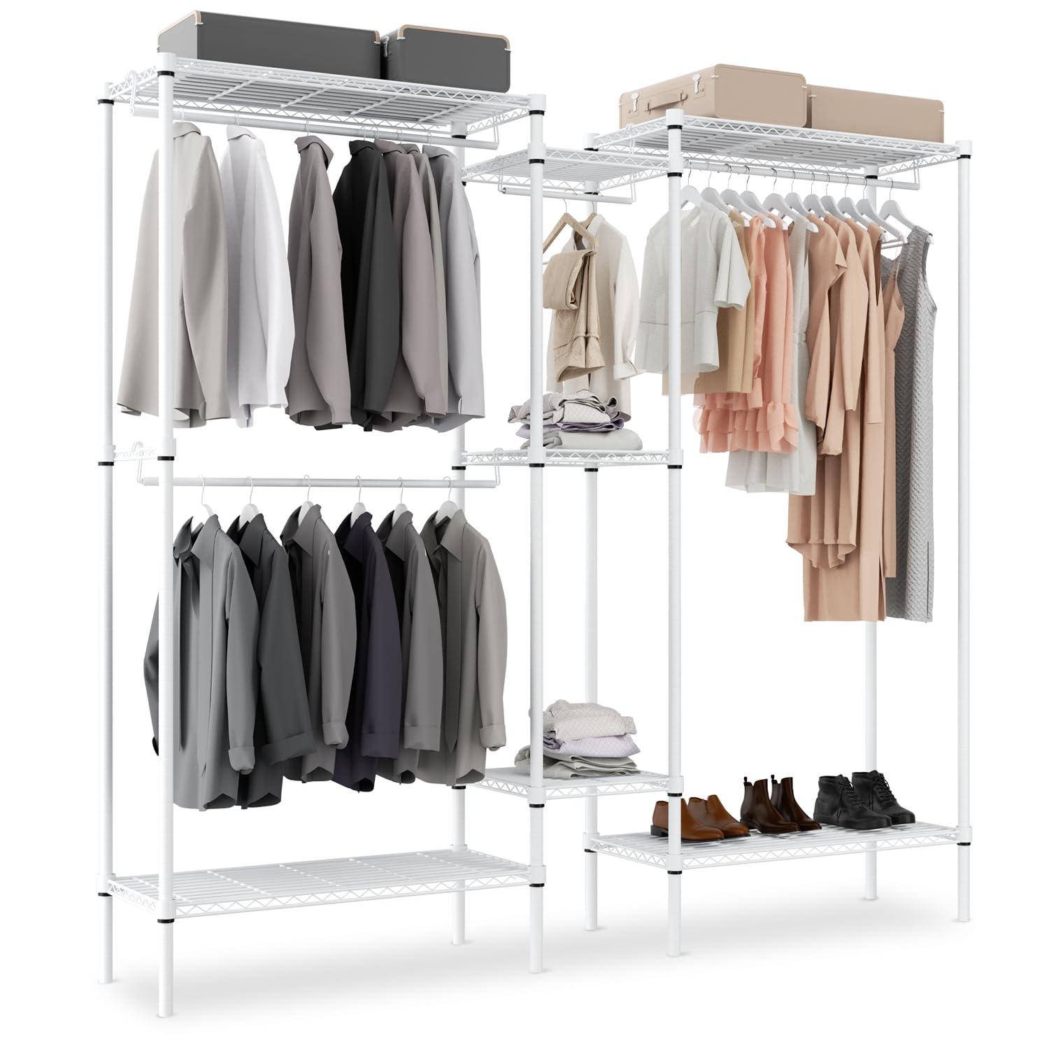 MoNiBloom Heavy Duty Clothes Rack L Shaped Clothing Rack for Corner, Wire Garment Rack Freestanding Wardrobe Rack for Bedroom, 73"Lx13.5"Wx71"H, White