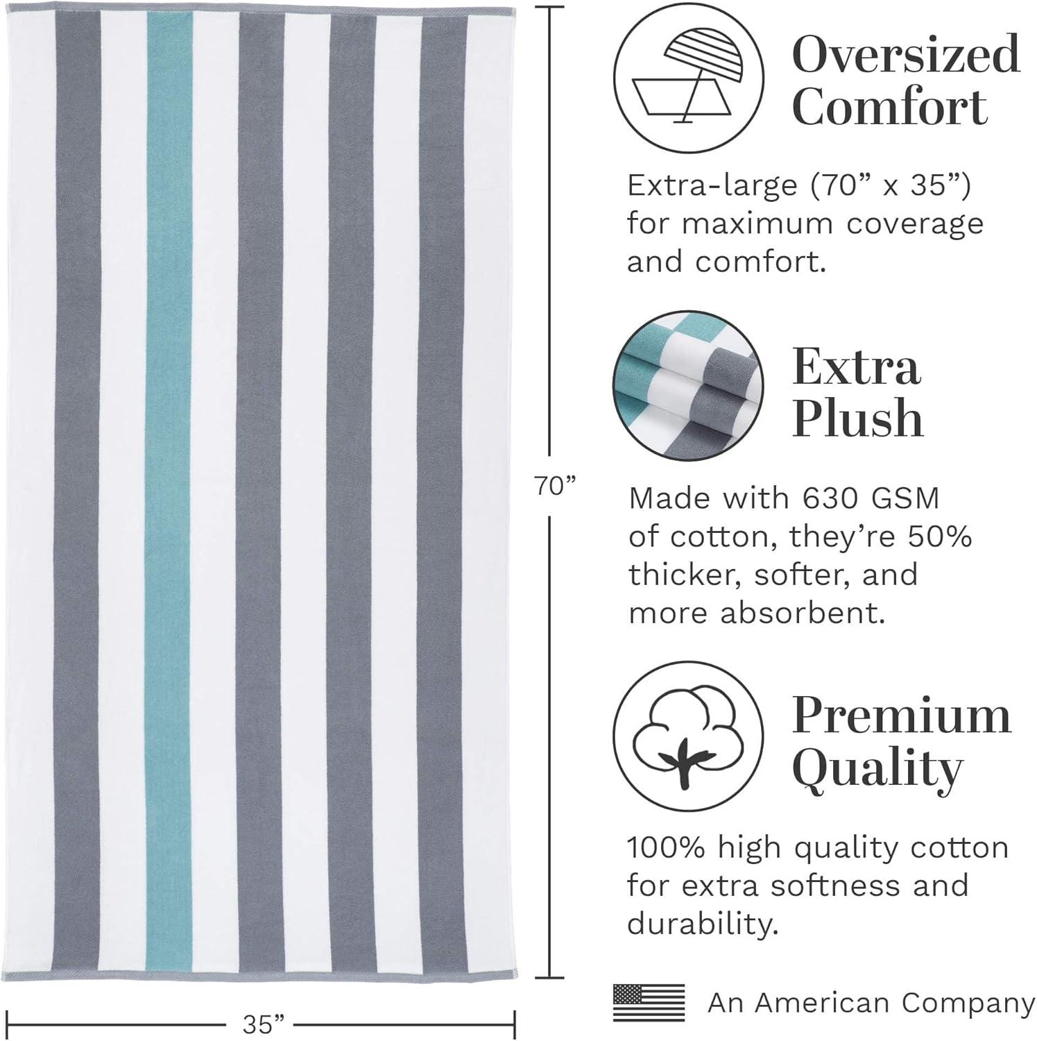 Laguna Beach Textile Co. Striped Cabana Beach Towel - Oversized, Plush 630 GSM Cotton - Stone Gray and Sea Glass Green