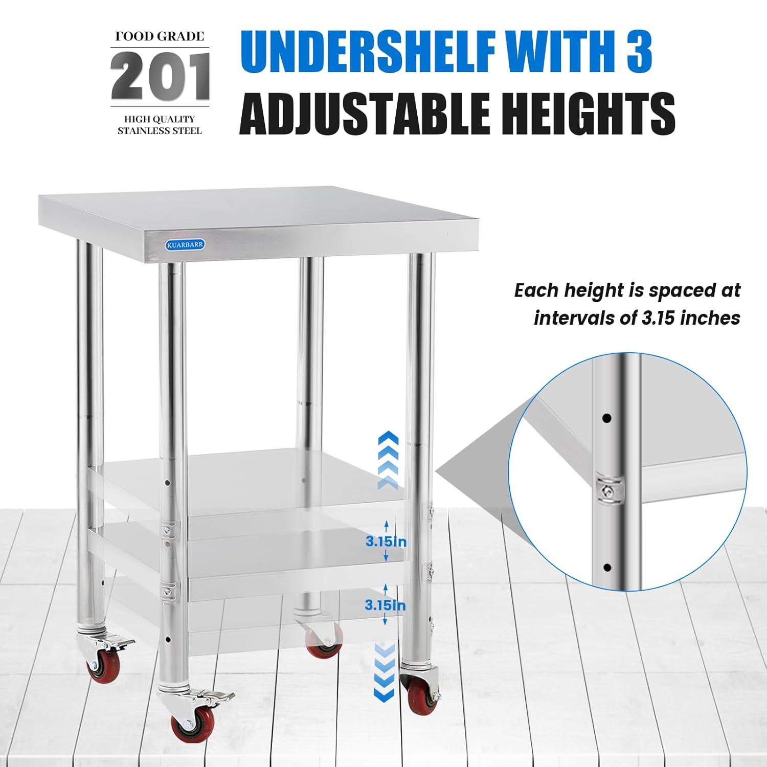 24 x 18 Inch Stainless Steel Movable Table Cart with Adjustable Under Shelf - NSF Certified