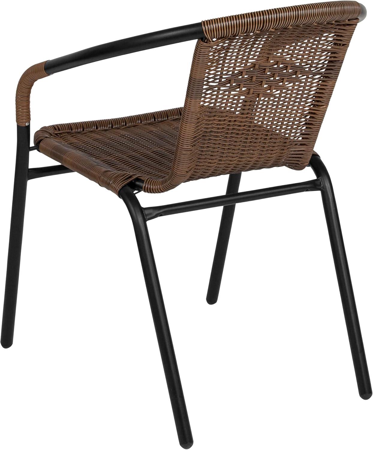 Flash Furniture Lila 28'' Square Glass Metal Table with Dark Brown Rattan Edging and 2 Dark Brown Rattan Stack Chairs