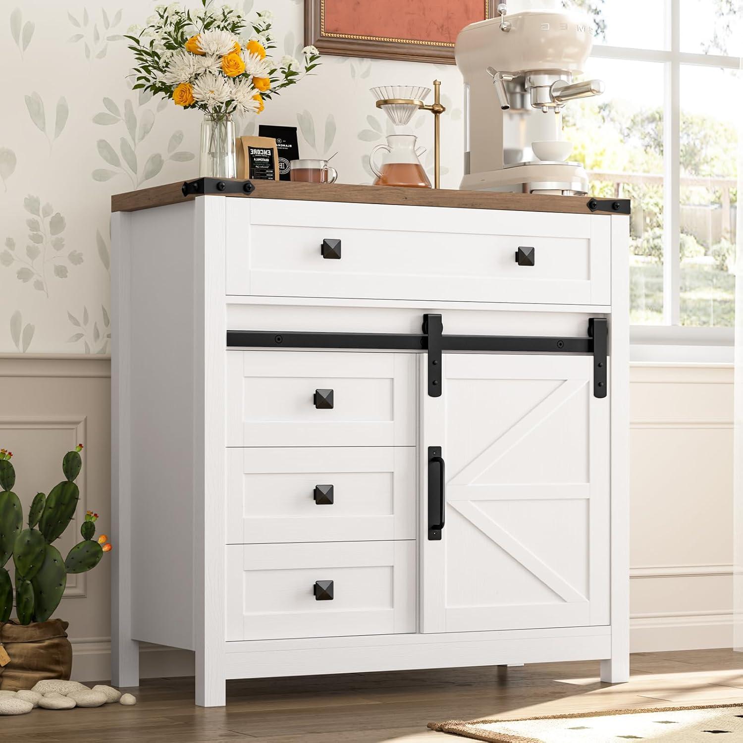 Farmhouse Storage Cabinet, Bathroom Cabinet with Sliding Barn Doors, Floor Storage Cabinet with Adjustable Shelves and 4 Drawers for Kitchen, Living Room, Dining Room, Modern White