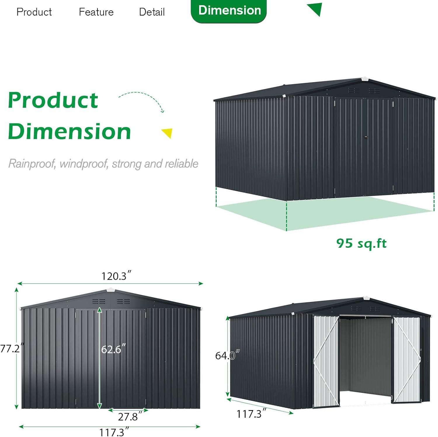 Dark Gray 10' x 10' Steel Outdoor Storage Shed with Lockable Doors