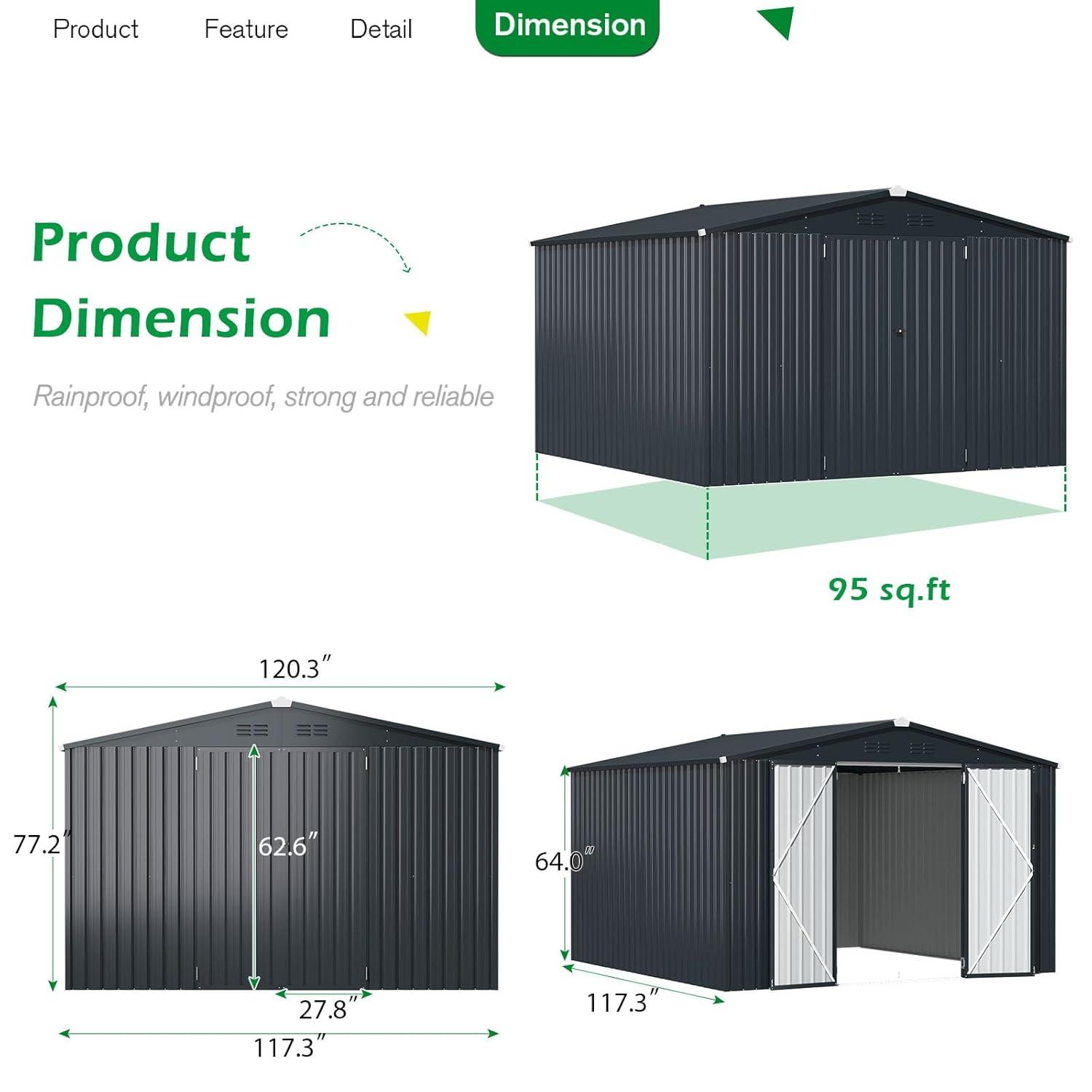 AECOJOY Shed 10'x10' Storage Shed, Large Metal Storage Sheds & Outdoor Clearance, Steel Backyard Shed with Lockable Doors, Utility and Tool Storage for Garden, Patio, Outside Use in Dark Grey