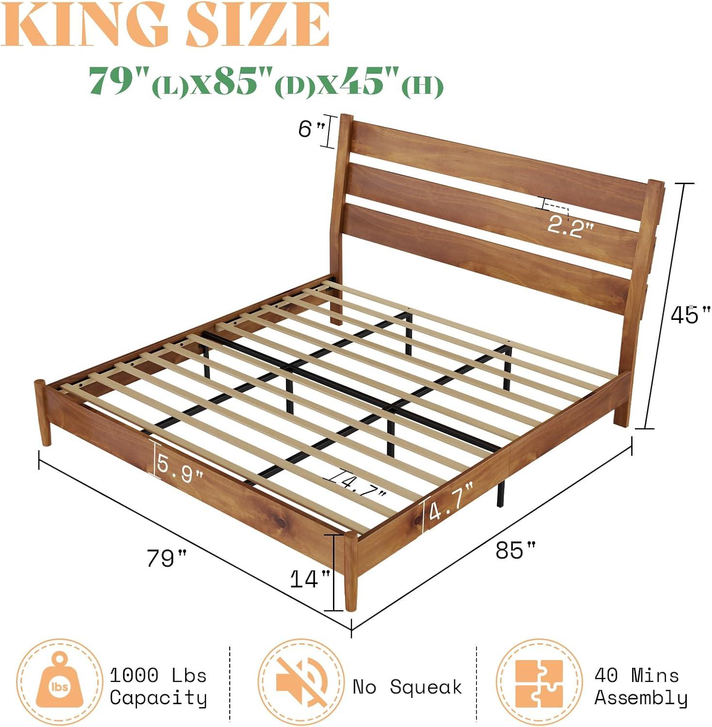 Solid Wood Bed Frame with Reclining Slatted Headboard