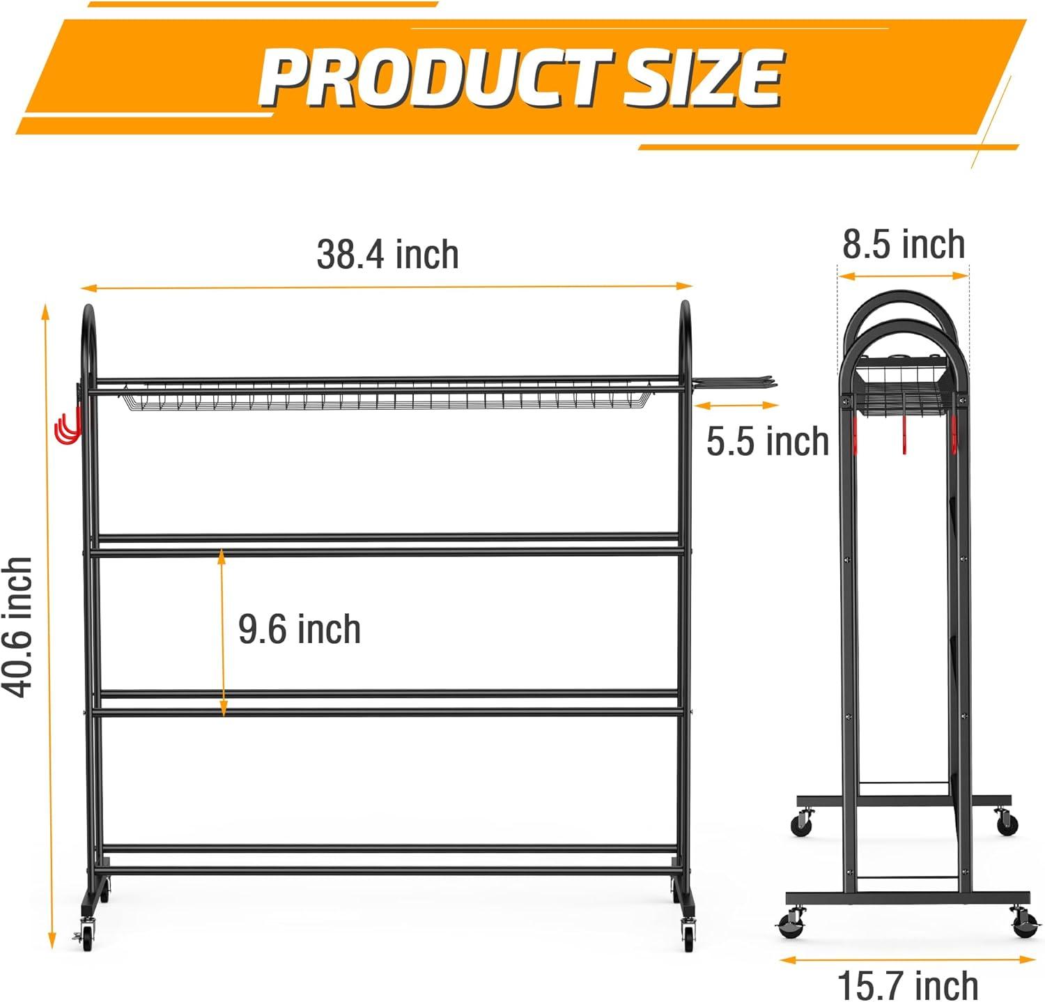 4-Layer Black Steel Sports Equipment Storage Cart with Hooks and Wheels