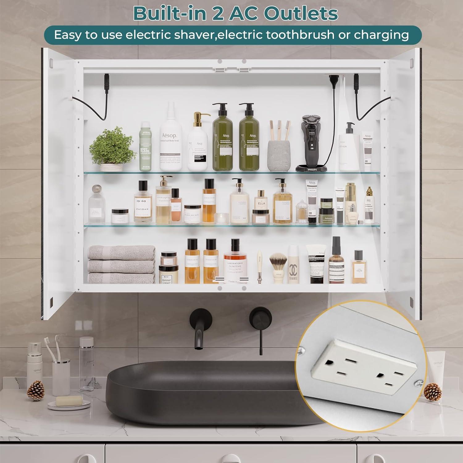 DICTAC Bathroom Medicine Cabinet with Mirror and LED Light, Wall Mounted Bathroom Mirror with Storage, 2 Doors Bathroom Wall Cabinet, Memory Dimmable 3 Color Temp, Adjustable Shelves, 31.5''x23.6''