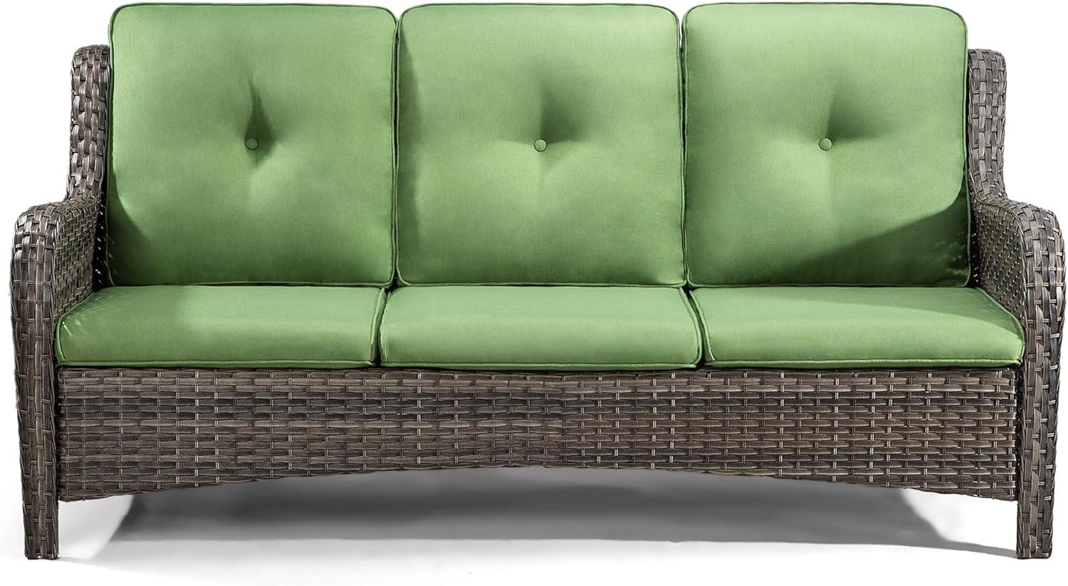 3-Seat Wicker Outdoor Patio Sofa Sectional Couch with Green Cushions