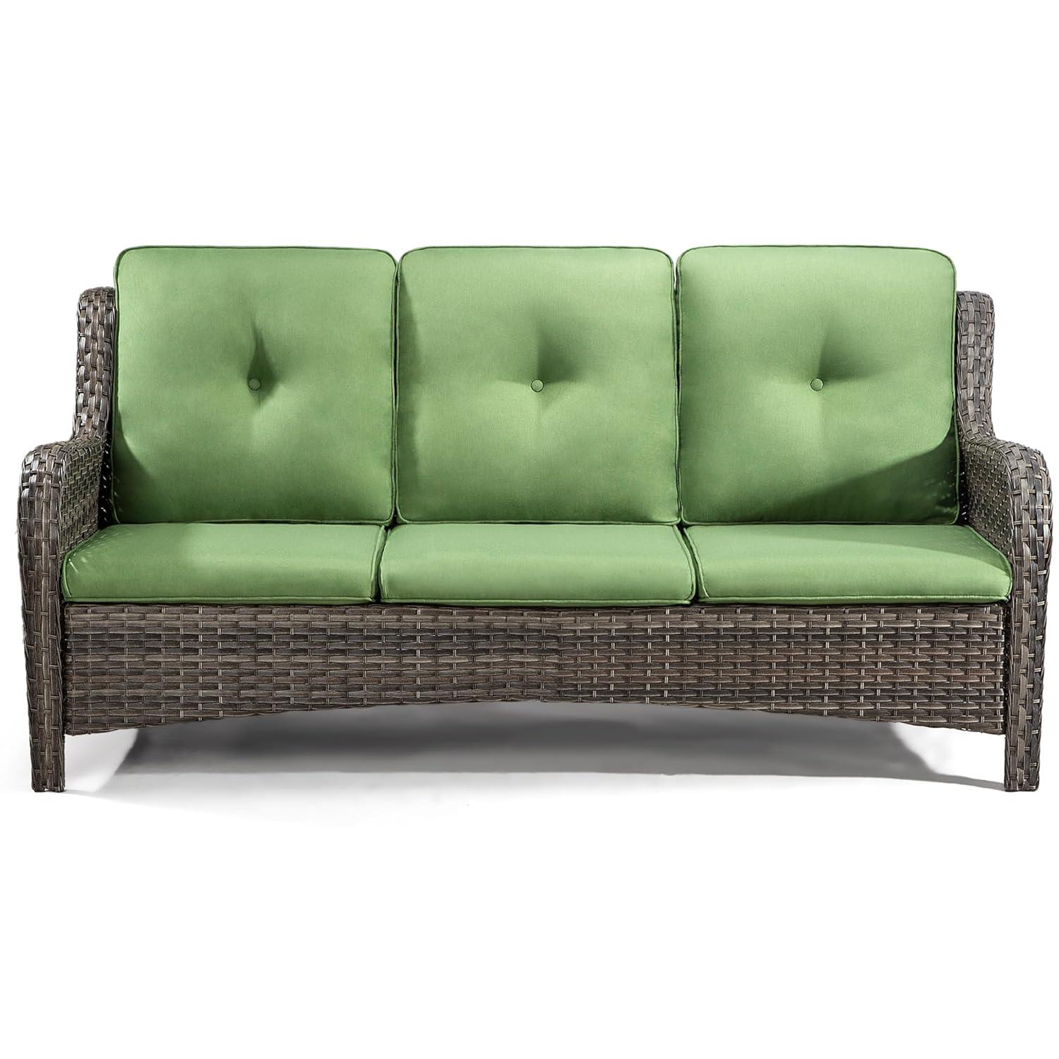 3-Seat Wicker Outdoor Patio Sofa Sectional Couch with Green Cushions