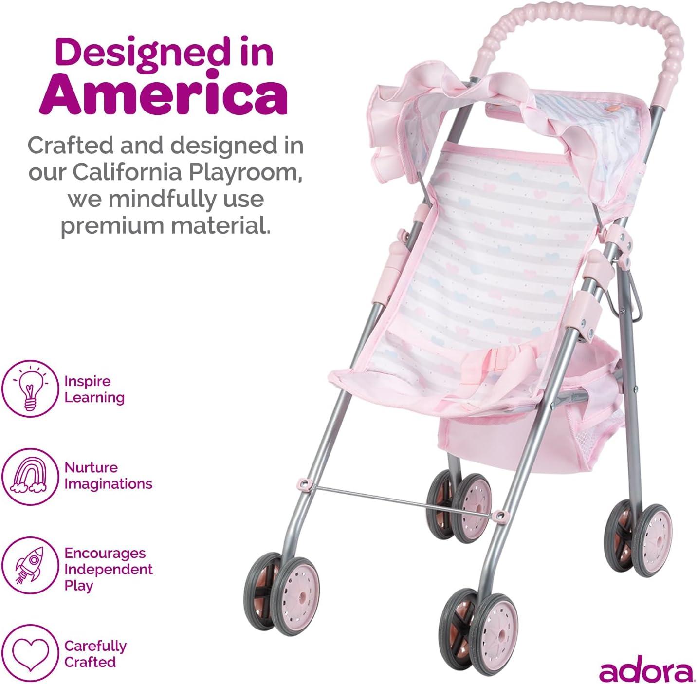 Adora Pastel Pink Heart Baby Doll Stroller with Umbrella Shade & Ruffle Trim