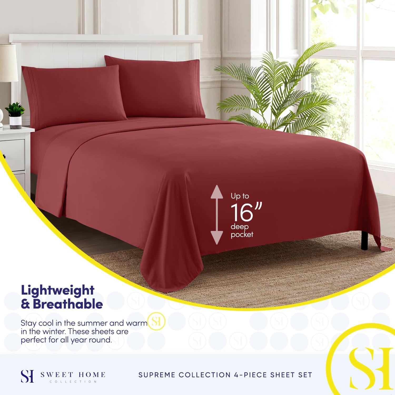 Sweet Home Collection 1800 Series Bed Sheets - Extra Soft Microfiber Deep Pocket Sheet Set - Burgundy, Twin