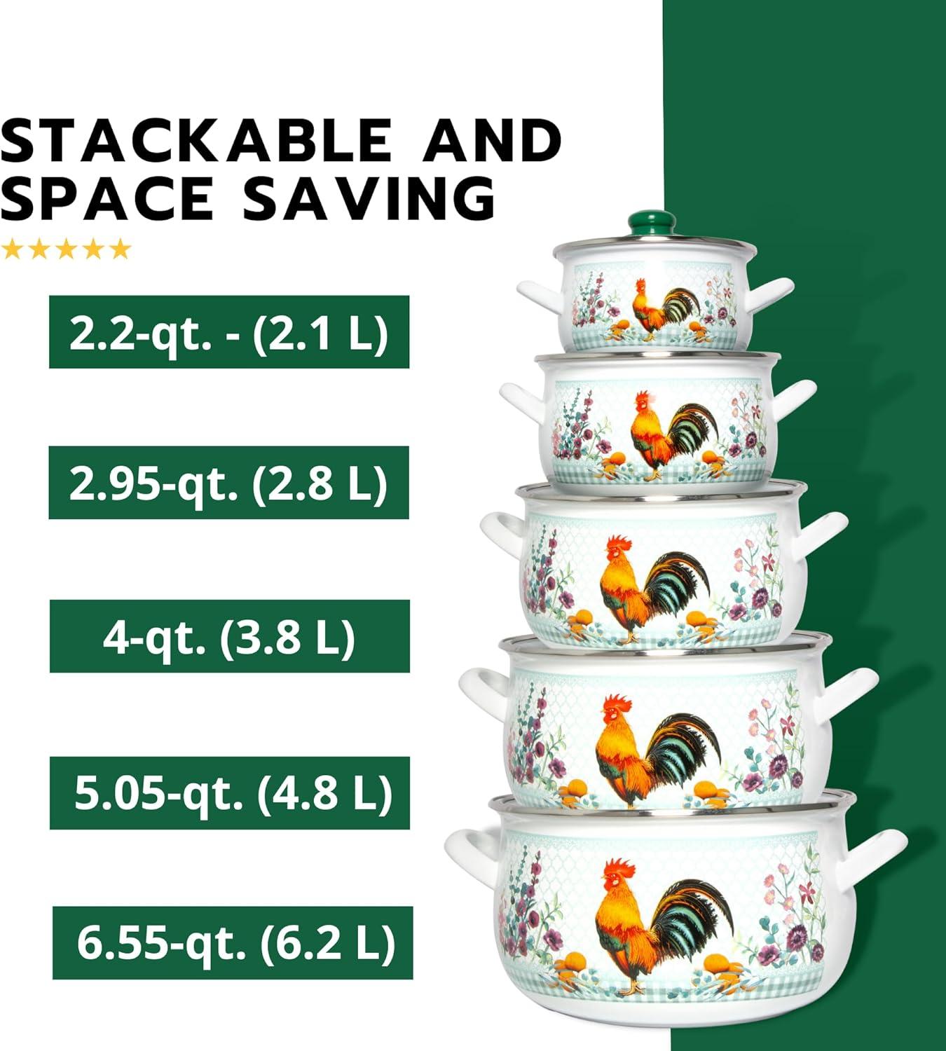 STP Goods Traditional Country Style Enamel Rooster Belly Deep Casserole With Glass Lid