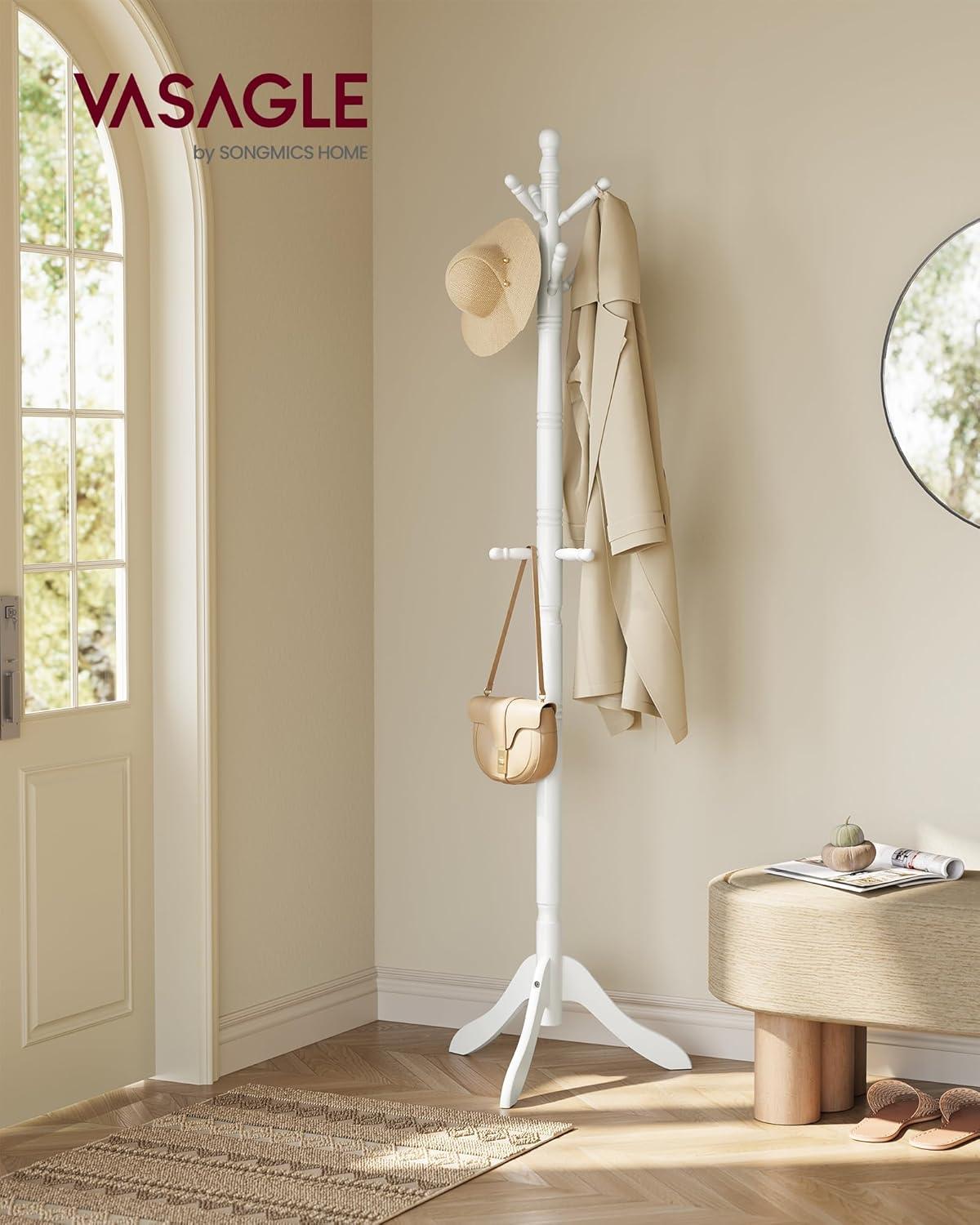 Cloud White Solid Wood Free Standing Coat Rack with 10 Hooks