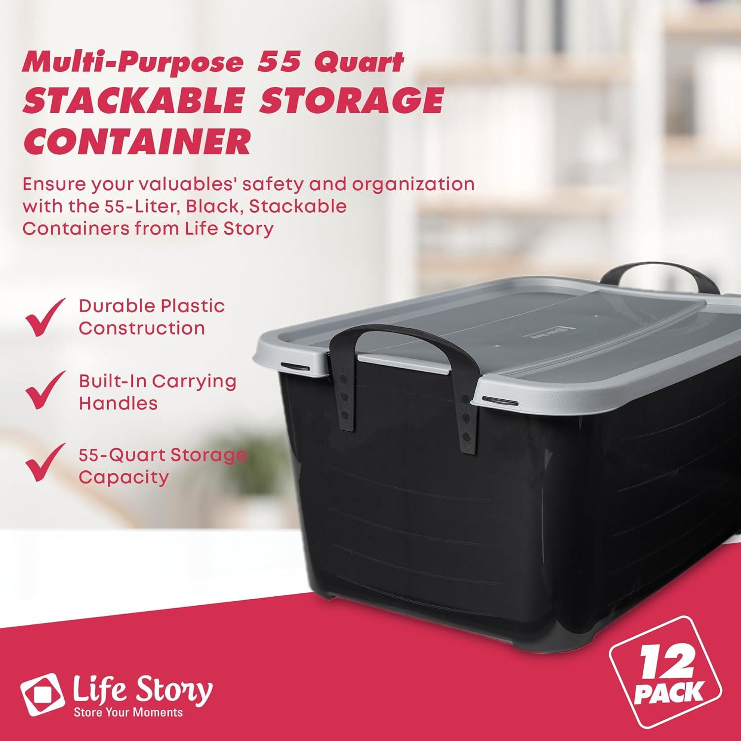 Life Story Multi-Purpose 55 Quart Stackable Storage Container with Secure Snapping Lids for Home Organization