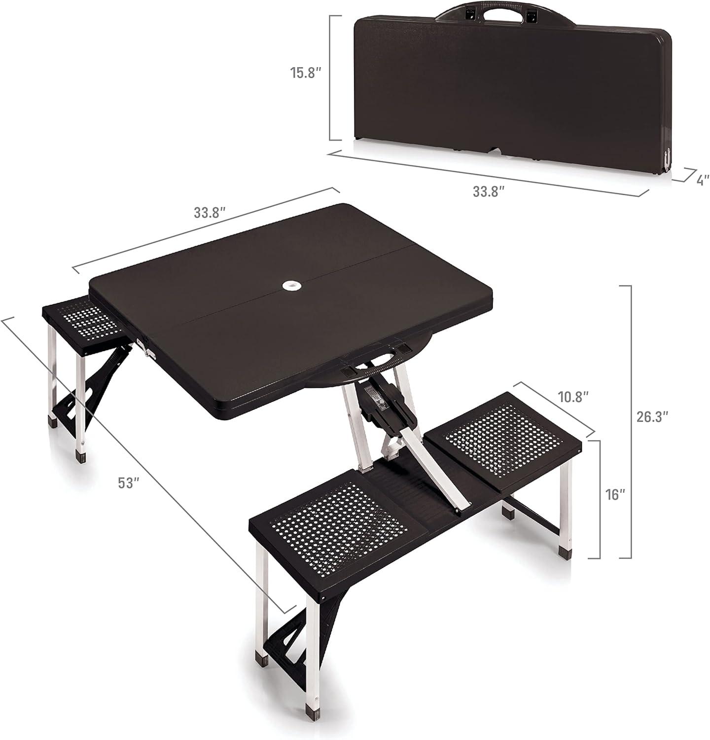 Black Folding Picnic Table with Play Town Design and Umbrella Hole