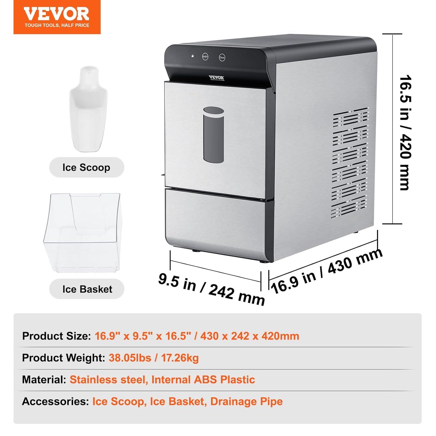 VEVOR Nugget Ice Maker, 37Lbs In 24 Hrs, Manual Auto Refill Self Cleaning Countertop Ice Maker Portable Nugget Ice Maker With Scoop And Basket