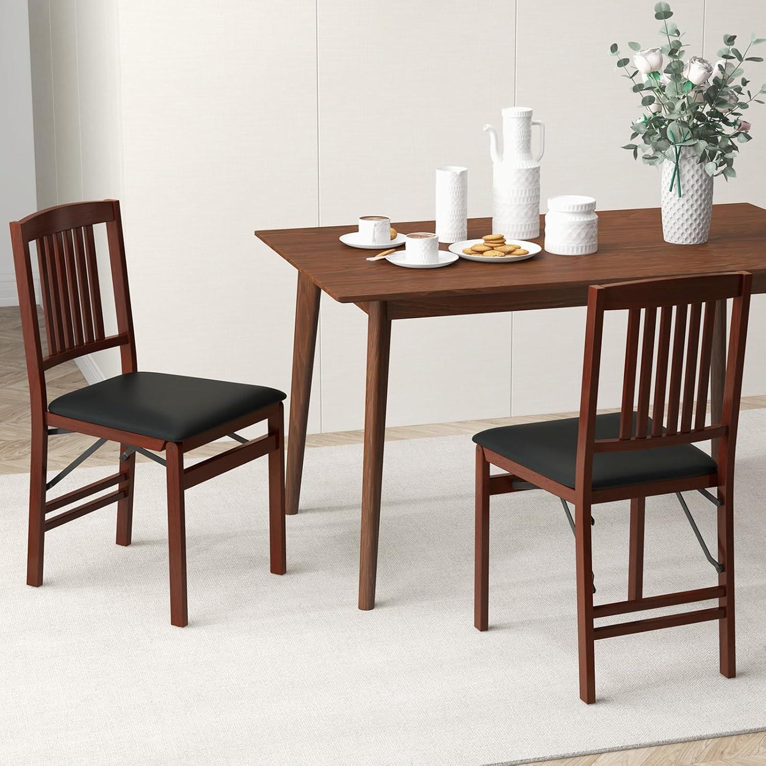 GVN Set of 2 Folding Chairs with Padded Seat and Rubber Wood Frame-Brown, Dining Room Chairs, Lounge Chair for Kitchen, Dining, Bedroom, Living