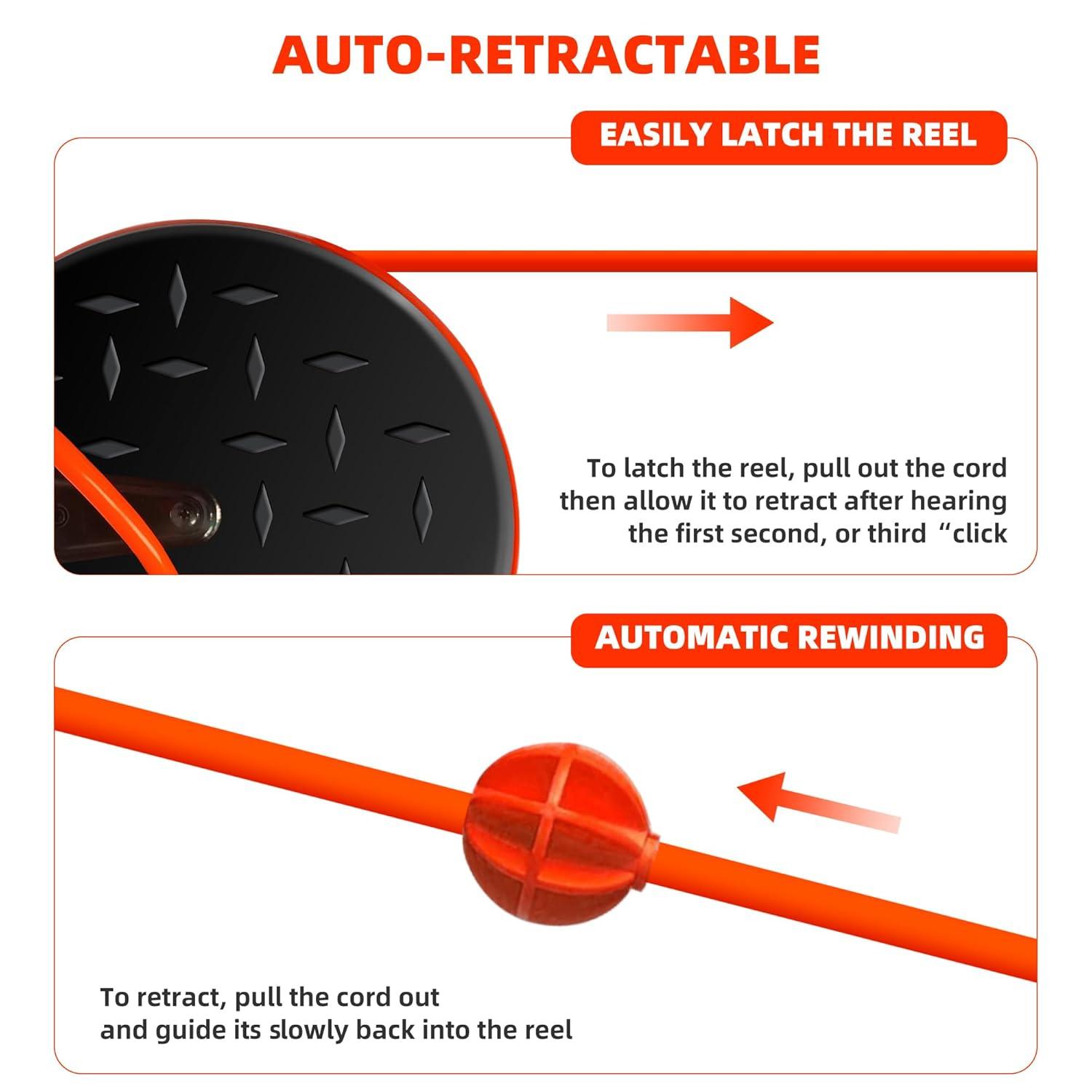 EP 30 Ft Retractable Extension Cord Reel, 16/3 SJTW Power Cord with 3 Electrical Outlets, Ceiling or Wall Mount, 10 Amp Circuit Breaker, Metal Plate, UL Listed, Red