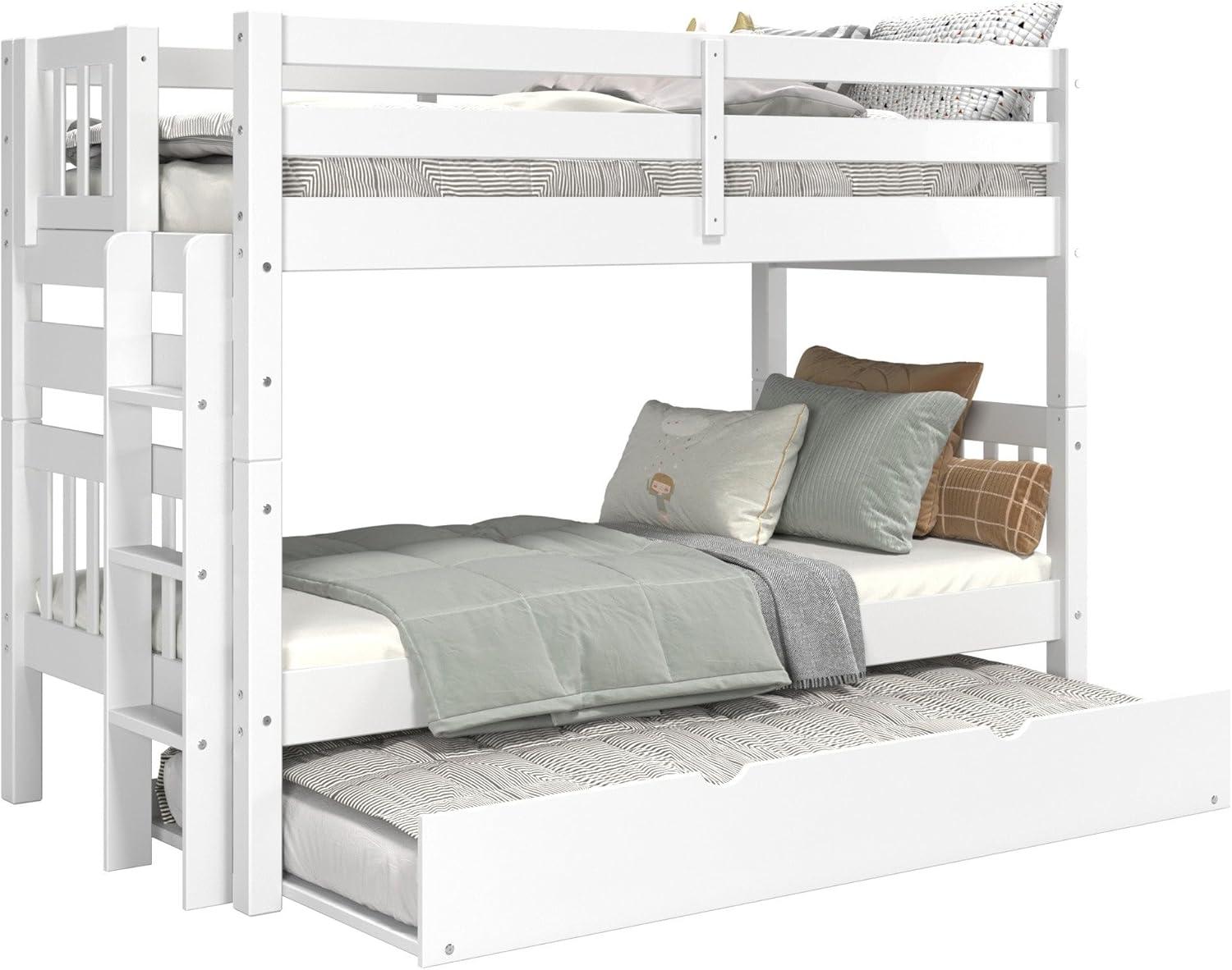 Bedz King Bunk Beds Twin over Twin Mission Style with End Ladder and a Twin Trundle, White