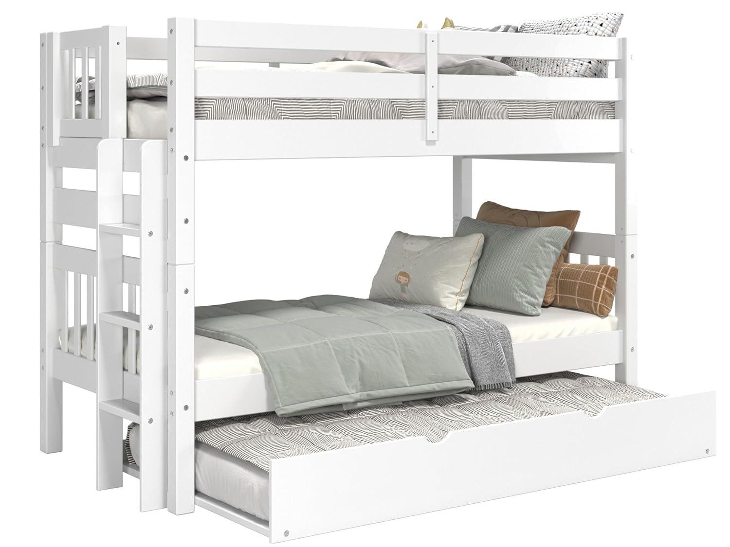 Bedz King Bunk Beds Twin over Twin Mission Style with End Ladder and a Twin Trundle, White