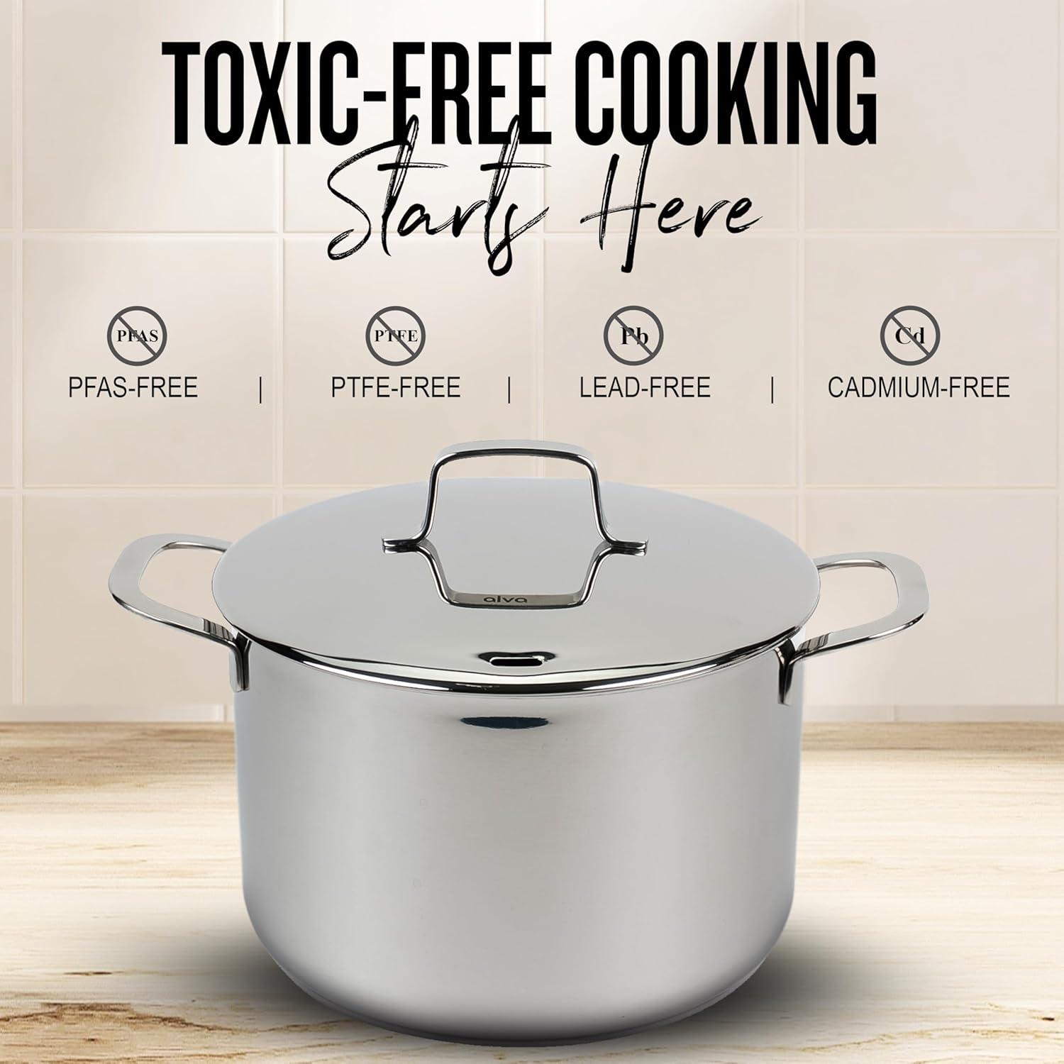 Alva Maestro Stainless Steel Casserole Dish Pot with Lid Non Toxic Soup & Stock Pot PFAS, PFOA & PFTE Free, Kitchen Pot, Pasta Pot, Canning Pot, Induction Safe, Add to Your Pots and Pans Set