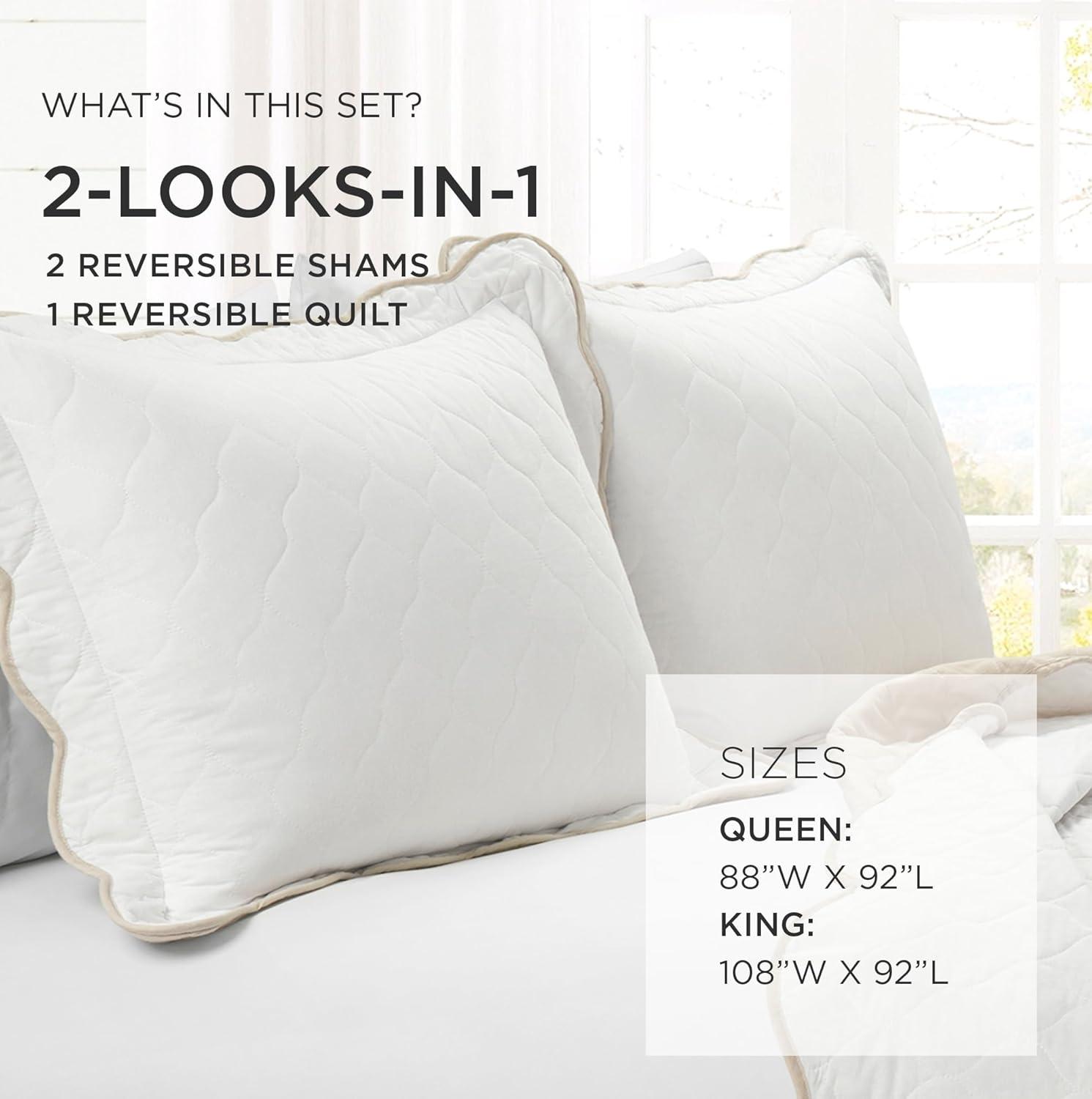 Lush Decor Coastal Chic Scallop Edge Reversible Quilt Neutral/White 3Pc Set King/Cal King