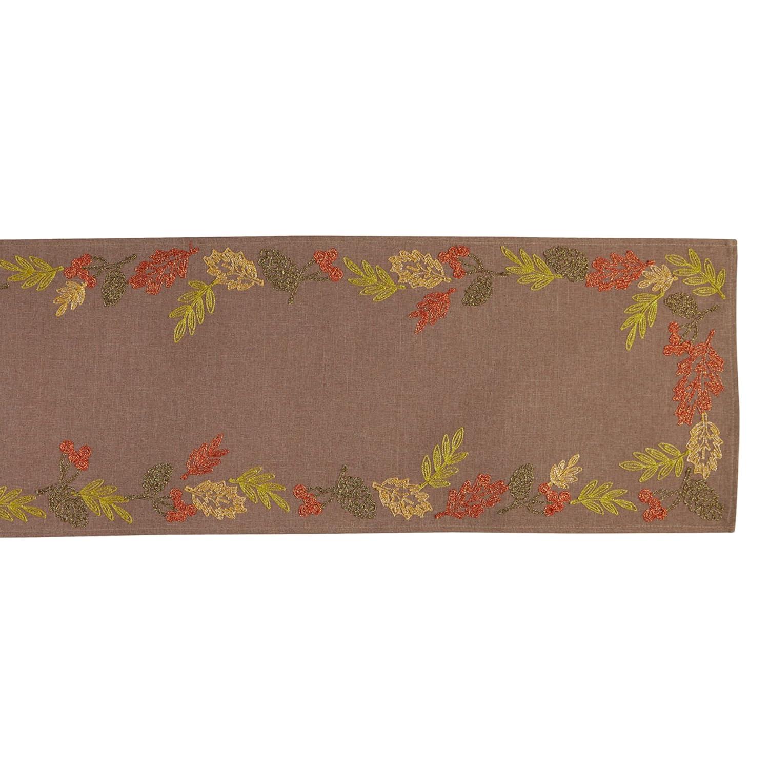 DII 70x14" Polyester Fabric Shimmering Leaves Embroidered Table Runner in Brown