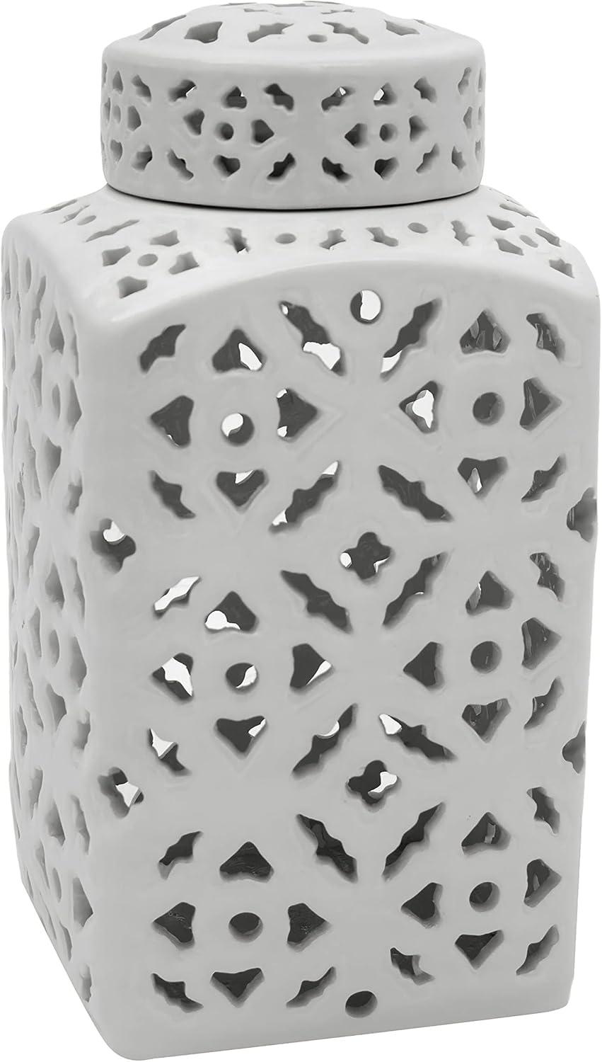 12" White Carved Square Ginger Jar