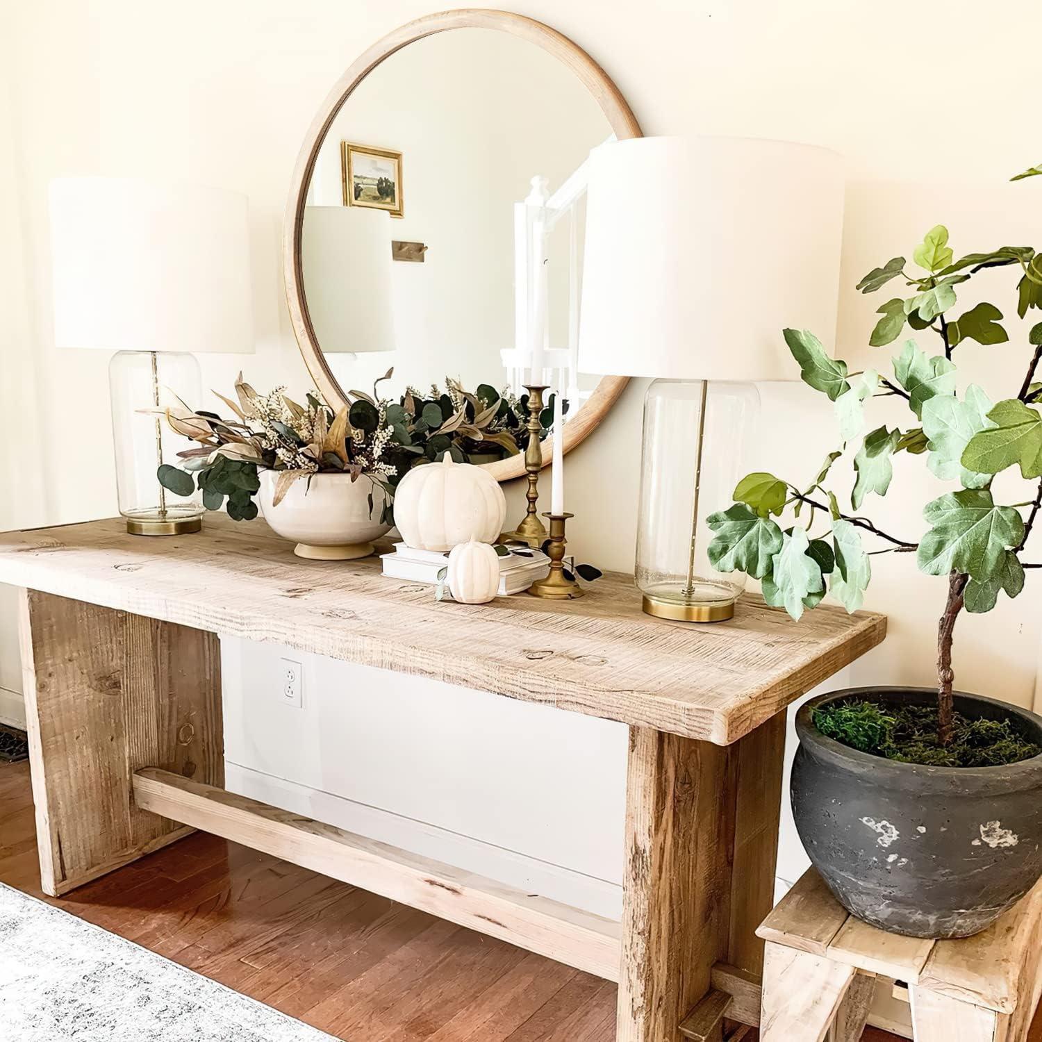 Circle Wooden Wall Mirror,18 inch Round Natural Wood Mirror Large Rustic Farmhouse Decor Mirror for The Living Room,Bathroom,Bedroom