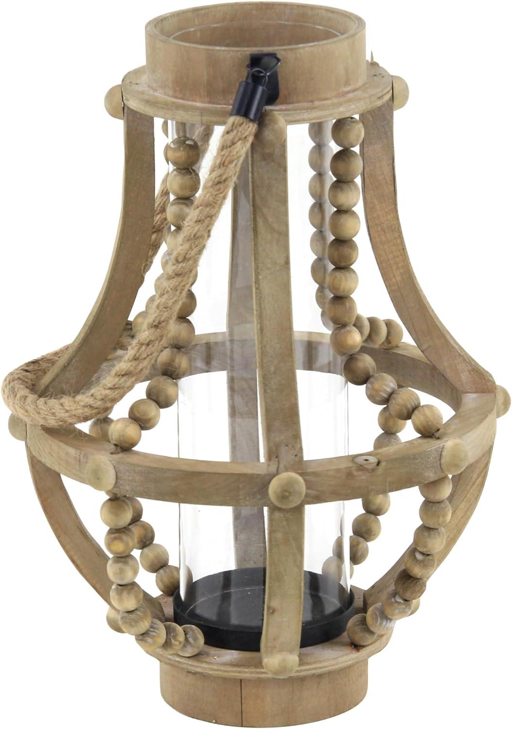 Olivia & May 16" x 10" Rustic Wood/Glass Candle Holder with Rope Handle Beige : Wooden Lantern, Tall Pillar Style