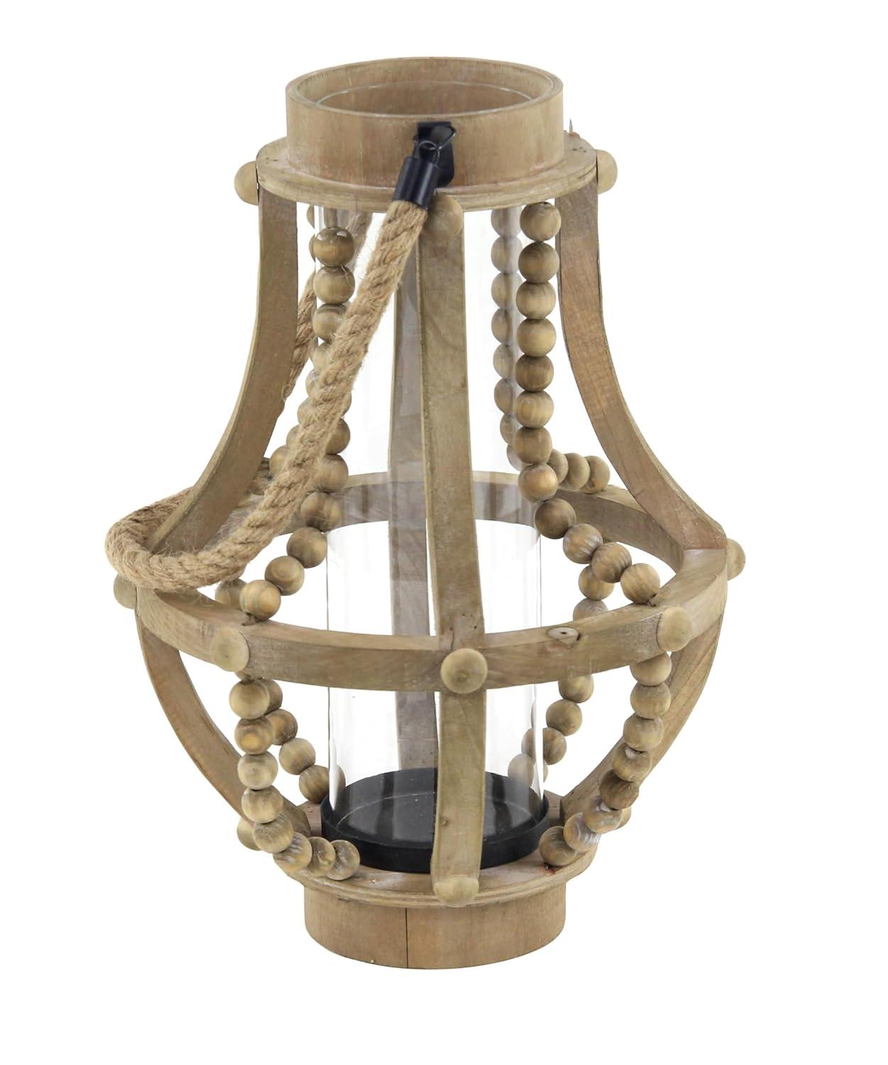 Olivia & May 16" x 10" Rustic Wood/Glass Candle Holder with Rope Handle Beige : Wooden Lantern, Tall Pillar Style