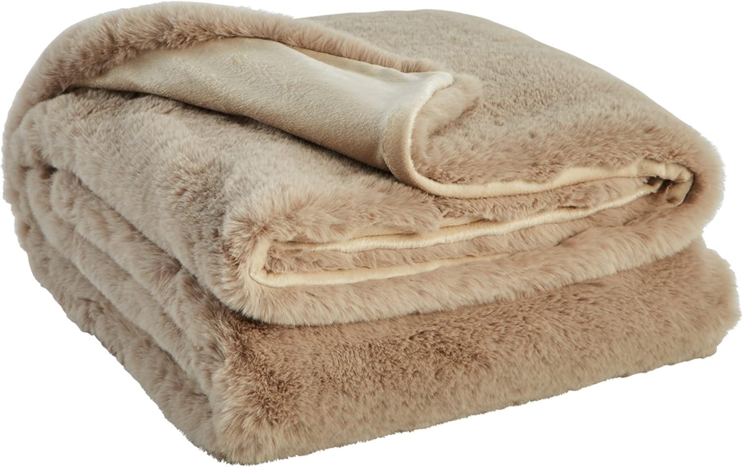 Light Brown Faux Rabbit Fur Reversible Throw Blanket