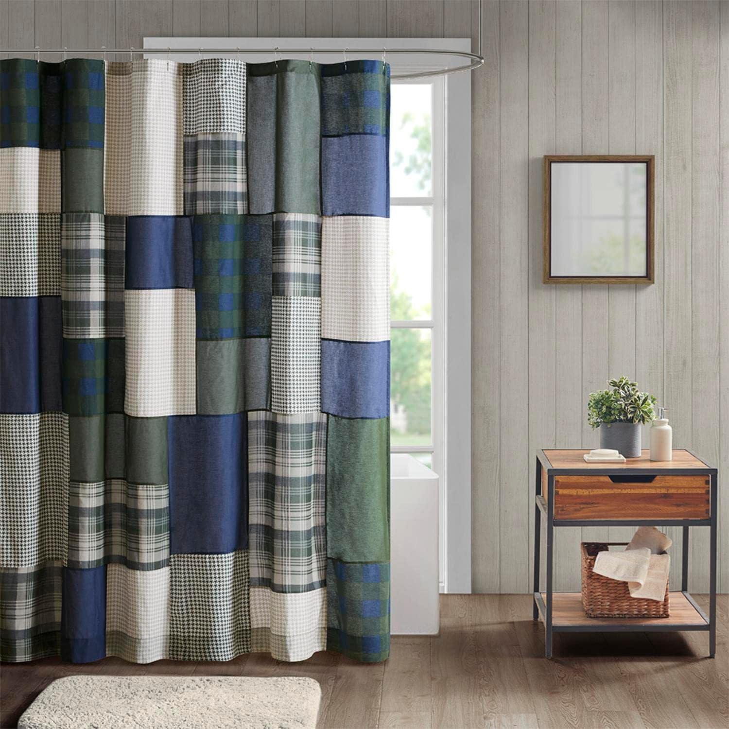 72"x72" Mill Creek Pieced Cotton Shower Curtain Green - Woolrich: Percale Fabric, Buttonhole Top, Easy Care