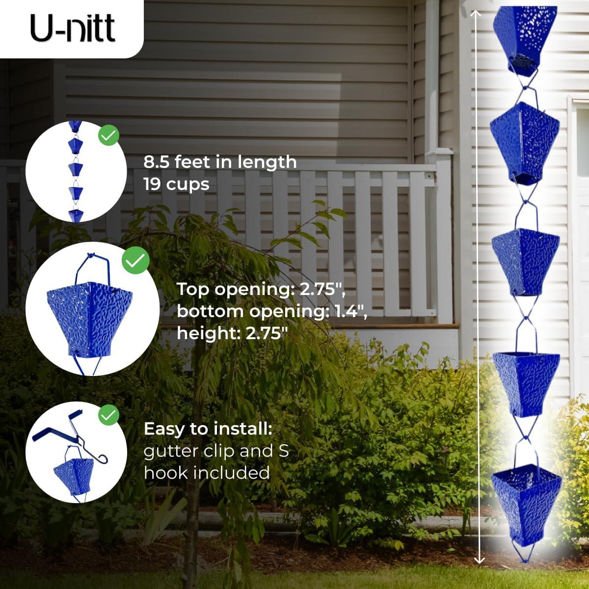 U-nitt Rain Chains, Roof Gutter Downspout Channel, Rainwater Catcher/Diverter, 8.5 FT, Metal, Blue Powder Coated, Texture Square, Modern, 5517BLU