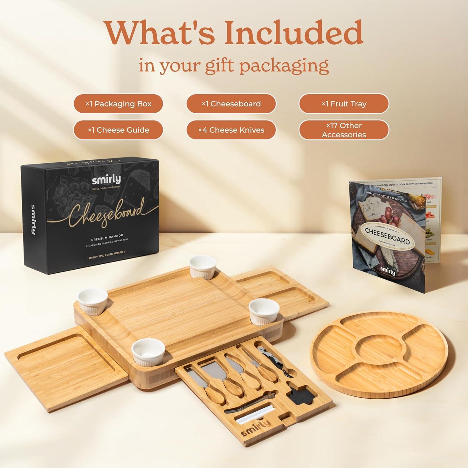 SMIRLY Charcuterie Boards Set - Large Bamboo Cheese Board Set - House Warming Gifts New Home, Wedding Gift for Couple, Bridal Shower Gift, Birthday Gifts for Women