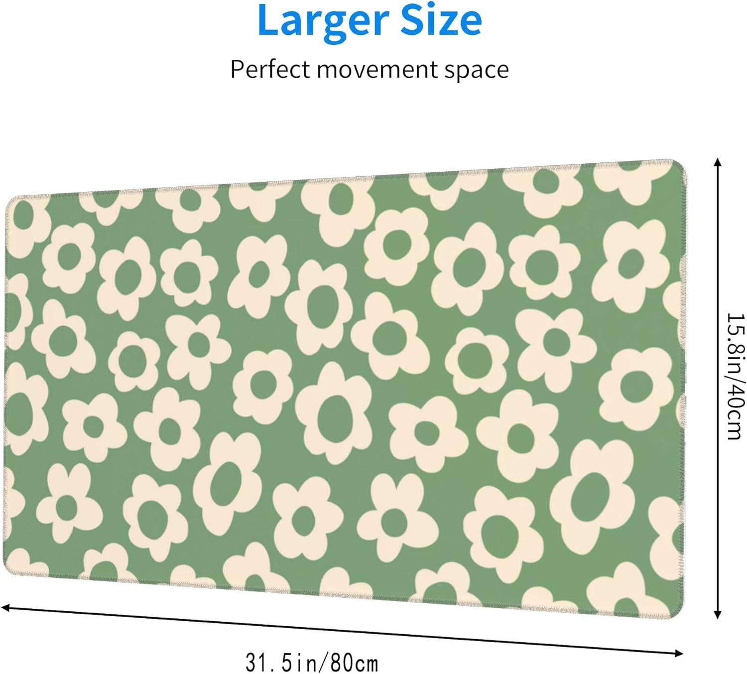 Vintage Groovy Green Flowers Gaming Mouse Pad,Extended Large Mouse Mat Desk Pad,Big Computer Keyboard Desk Pad,Stitched Edges Mousepad,3mm Thick Long Non-Slip Rubber Base Mice Pad, 31.5 X 11.8 Inch