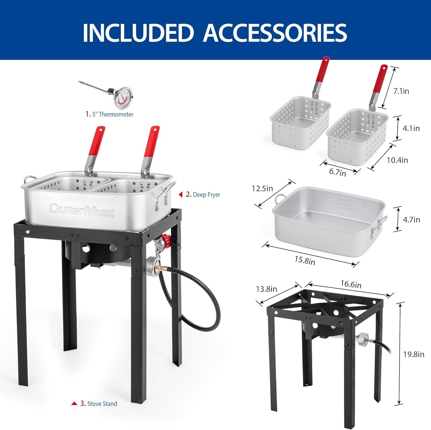 OuterMust Outdoor Propane Rectangular Deep Fryer Kit with 18 qt. Frying Pan & Dual Baskets